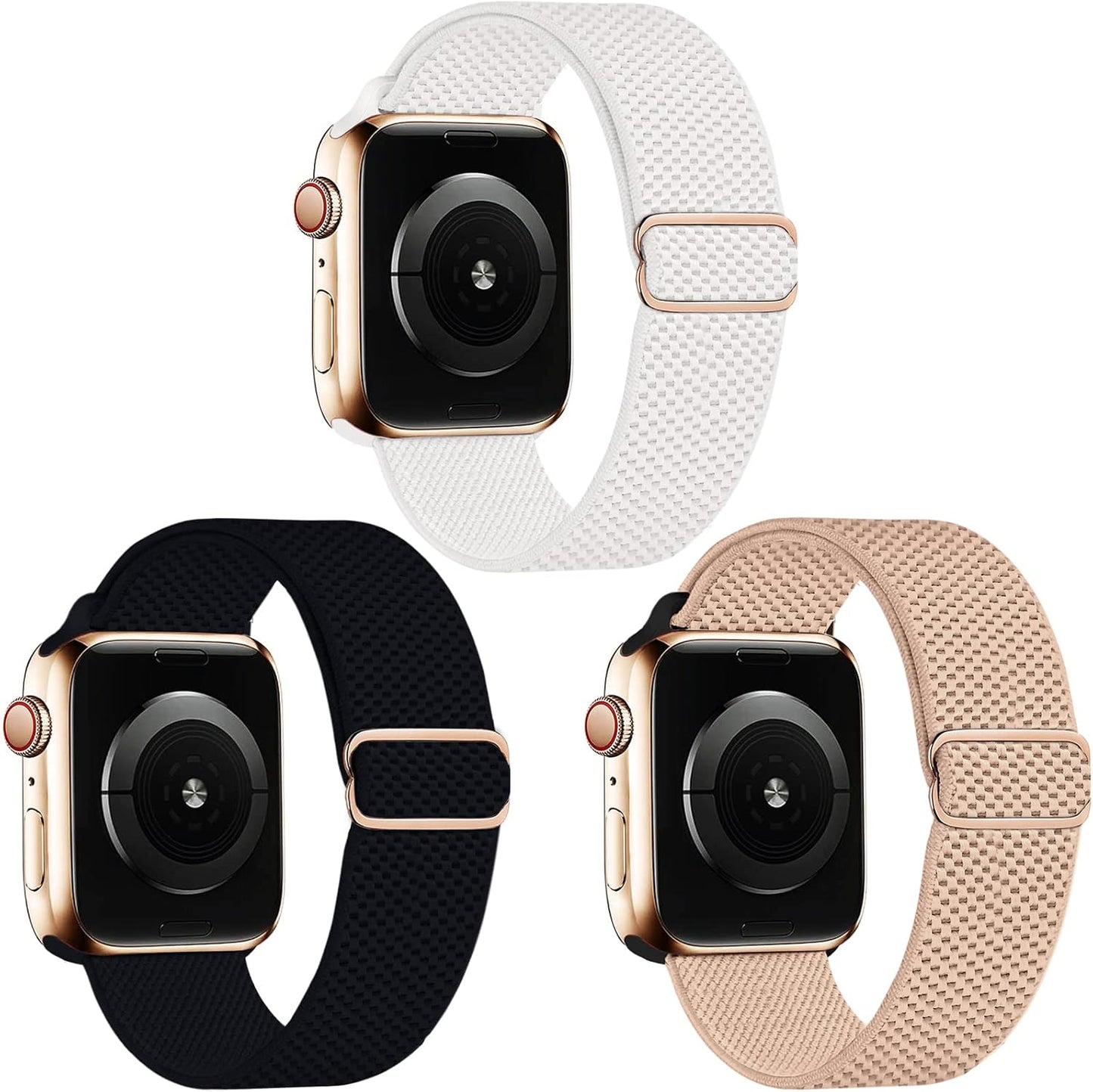 3 Pack Stretchy Nylon Solo Loop Band for Apple Watch 42mm, 44mm, 45mm - Adjustable, Breathable, in Black, White & Light Brown