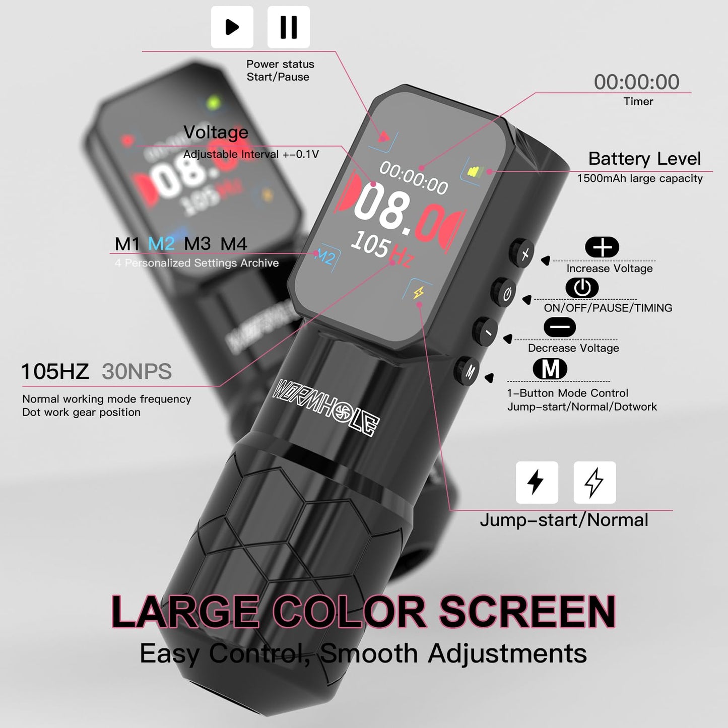 Wireless Tattoo Machine with 1500mAh Battery - Aluminum Alloy Smart Tattoo Pen with Dot Work Mode - Black