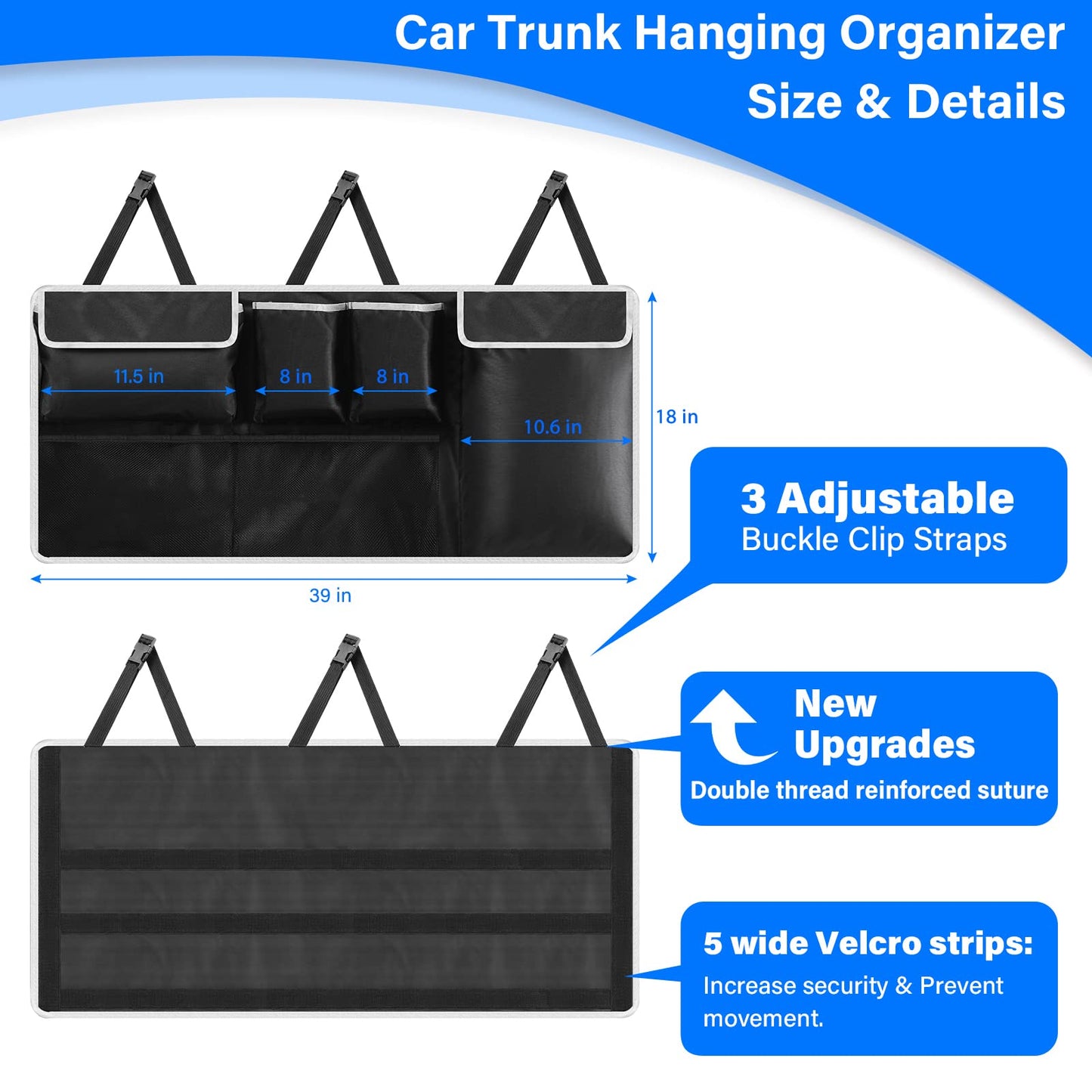 Hanging Car Trunk Organizer for SUV and Truck, 6 Pockets and 2 Hooks, Waterproof 600D Oxford Fabric
