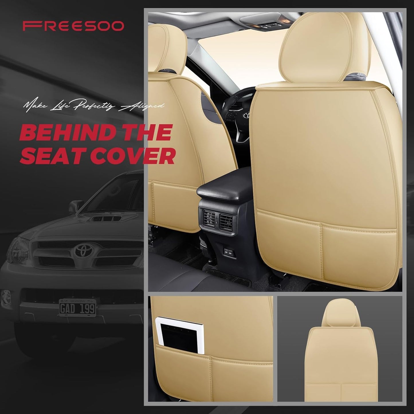 Full Set Beige Leather Car Seat Covers, Breathable and Universal Fit for Sedan, SUV, Coupe - With Lumbar Support