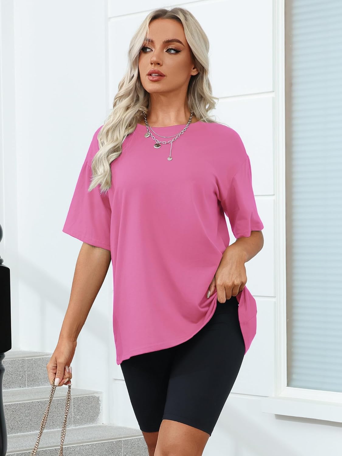Pink Medium Women's Oversized T-shirt, Short Sleeve Loose Fit Casual Top, Summer Blouse
