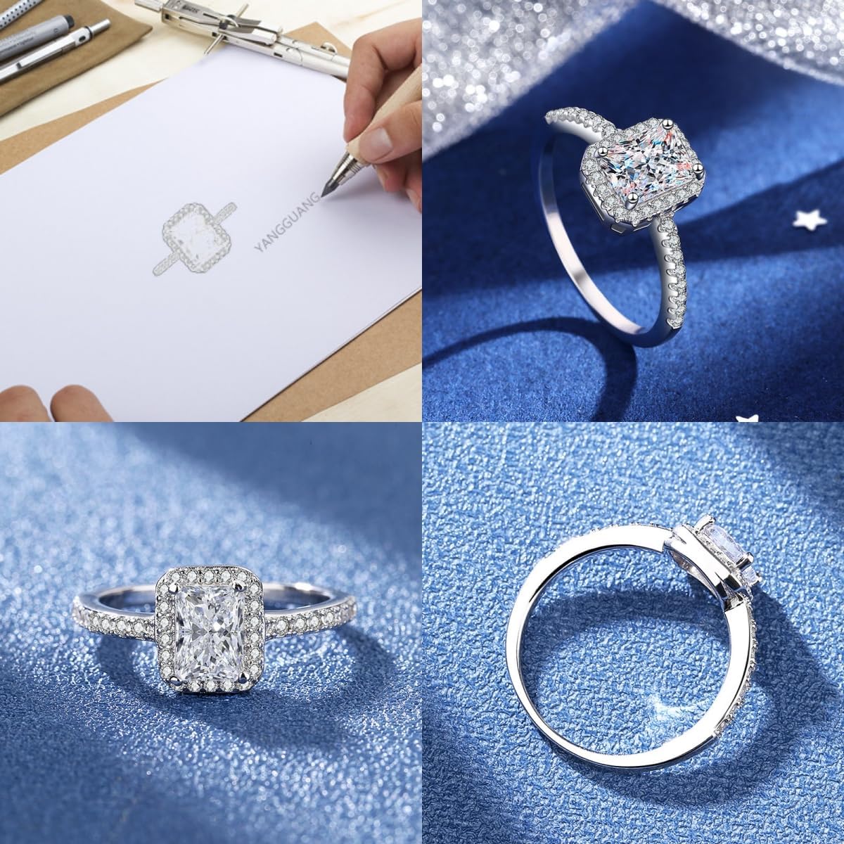 Size 7 S925 Silver Square High-Carbon Diamond Ring with Moissanite Accents