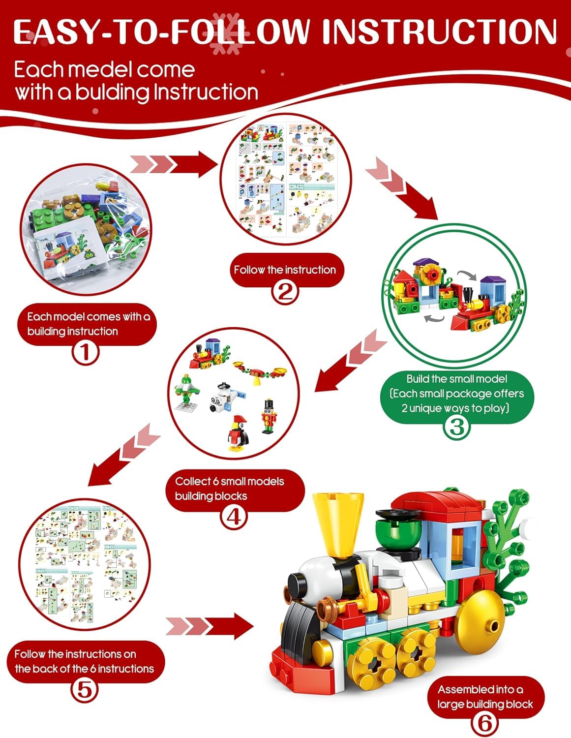 Building Block Advent Calendar for Kids, 24-Day Christmas Countdown with 24 Mini Builds, Combine into Larger Creations, Santa Train Elk Pieces, Ages 6+