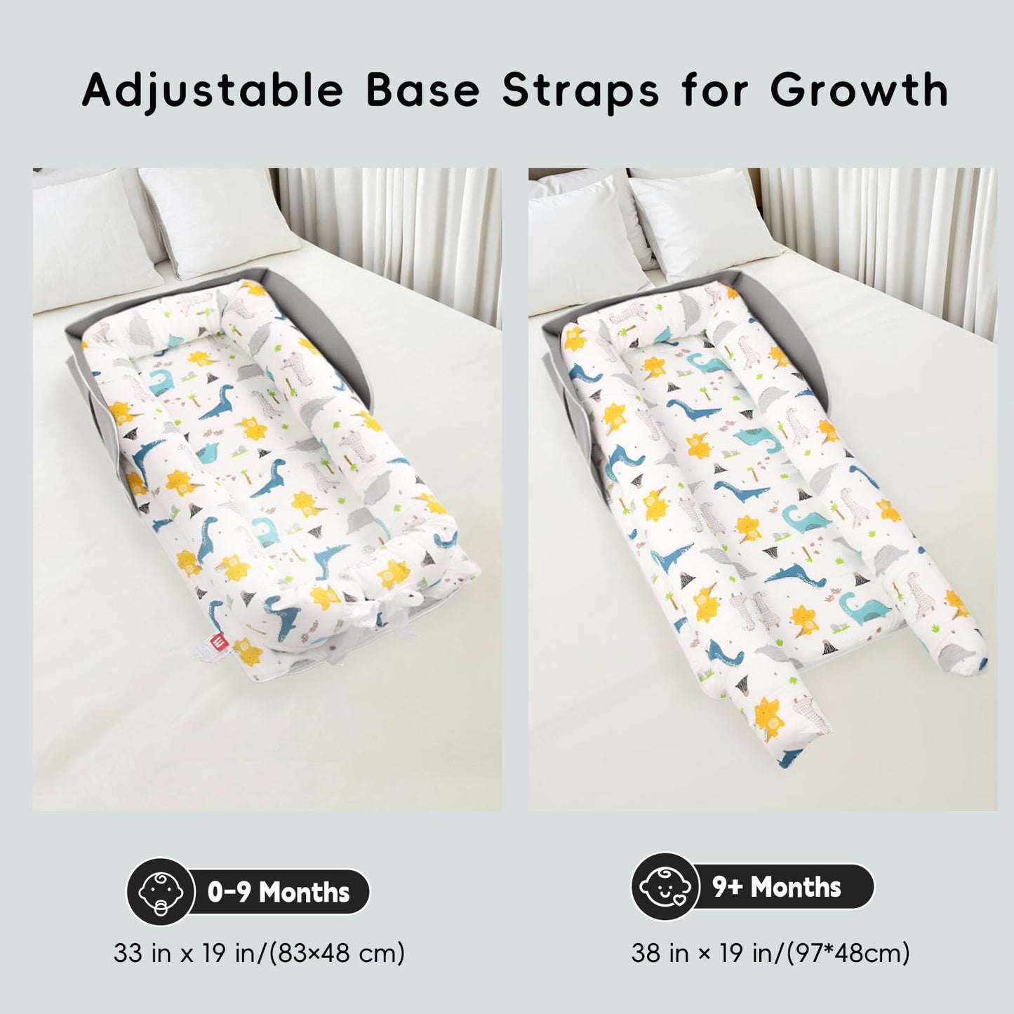 Portable Baby Lounger Nest, Adjustable Newborn Lounger 0-24 Months, Dinosaur Print Breathable Cotton