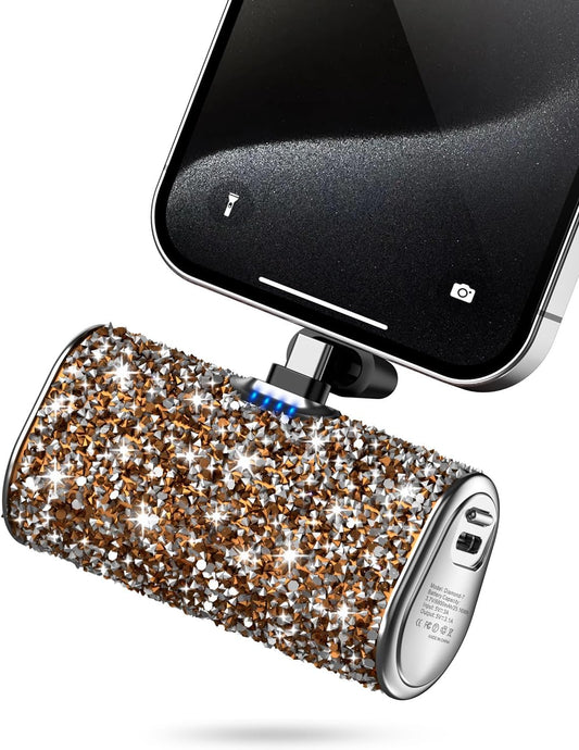 Compact 6800mAh Power Bank with Built-in Flashlight & Type-C for iPhone 15 & Android - Golden