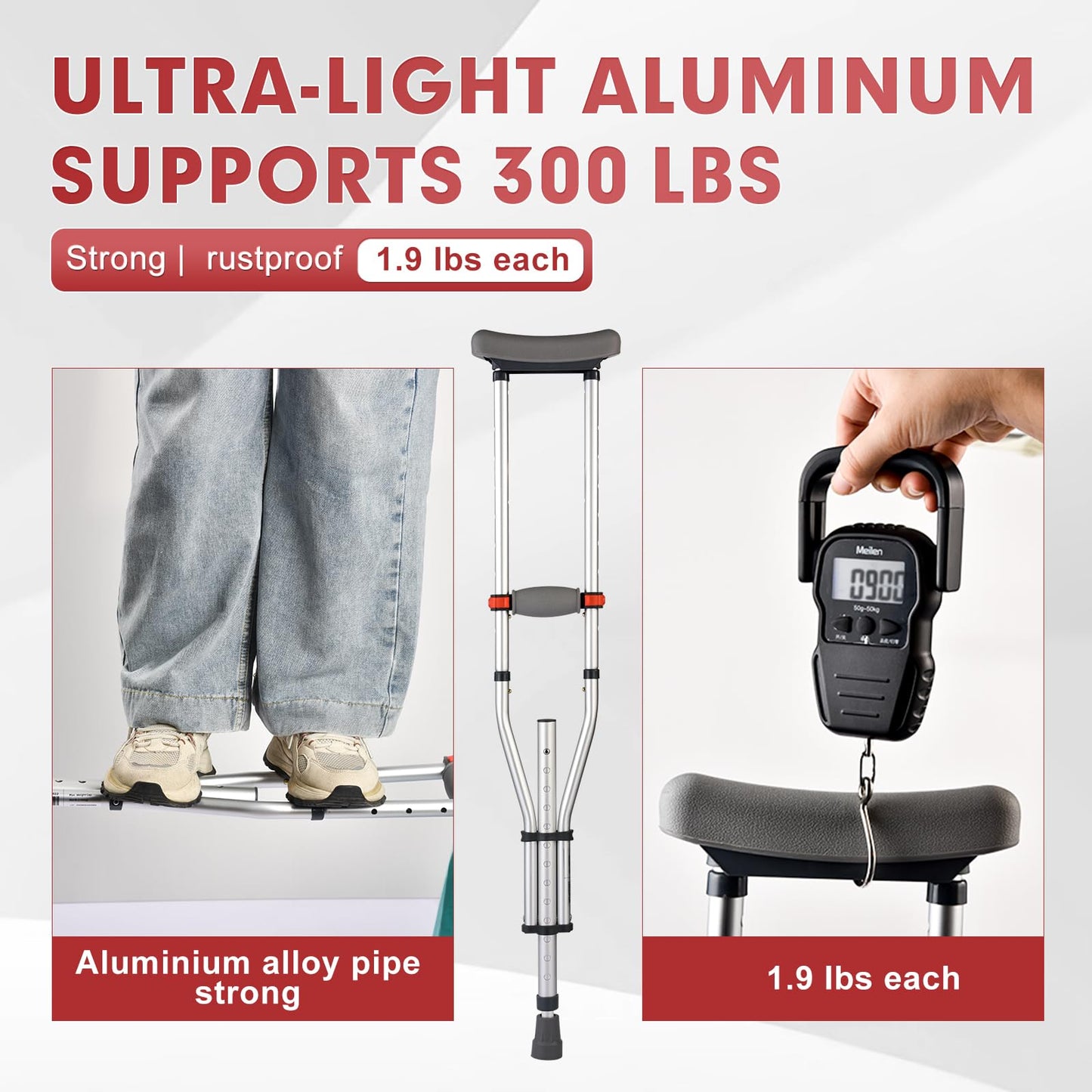 Aluminum Underarm Crutches for Adults and Seniors, Adjustable Height 38.2-61.8 Inches, Lightweight 2 lb Each, 300 lb Capacity Pair