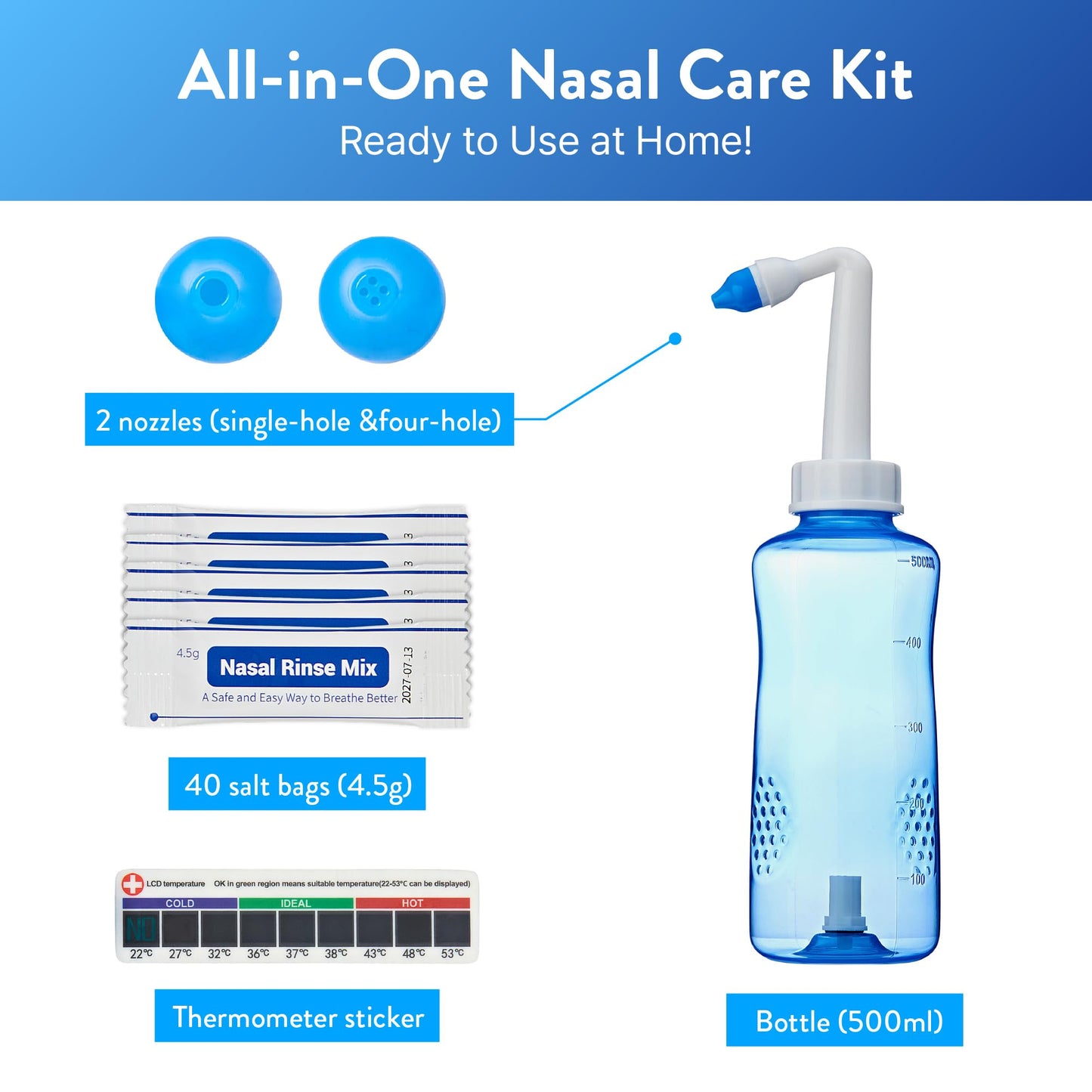 16.9 fl oz (500 mL) Nasal Rinse Kit with Smart Flow Control Valve, 40 Salt Packets, and 2 Nozzles