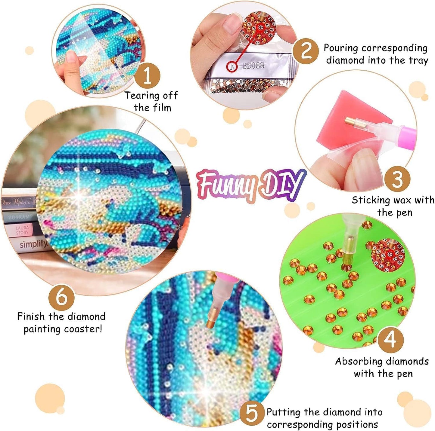 8pk Beach Shell Landscape Diamond Painting Coasters Beginners Kit w/ Holder
