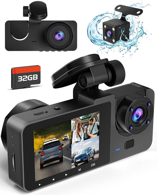 4K Full UHD 3-Channel Dash Camera for Cars, Front Rear Interior Recording, 32GB Card, Super Night Vision, 2.0 in IPS Screen, 170° Wide Angle