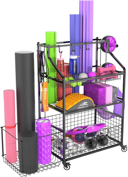 Maximize Your Workout Space with Durable Gym Storage Rack - Holds Dumbbells, Kettlebells, Yoga Mats, and More with Wheels for Easy Mobility