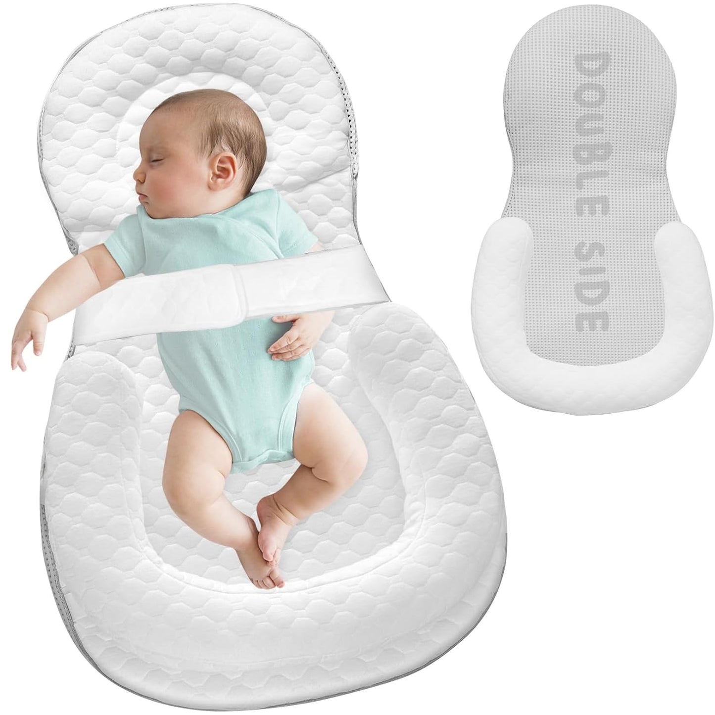 White Baby Lounger Nest with Gray Bottom for Newborns, Adjustable Soft Organic Cotton Infant Lounger, Breathable Portable Baby Bed for Home & Travel