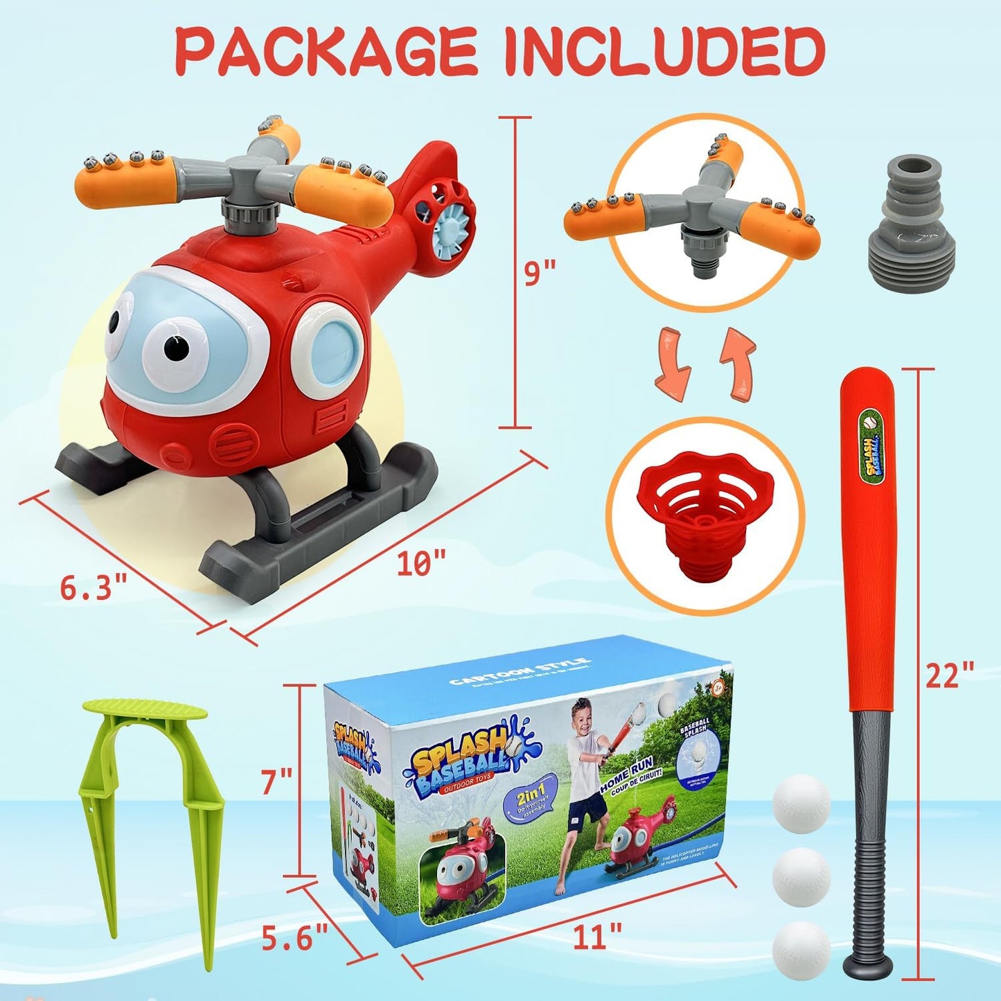 Water Spray Sprinklers & T-Ball Set for Kids - Backyard Spinning Airplane Sprinkler, Sprays Up to 8 Feet High