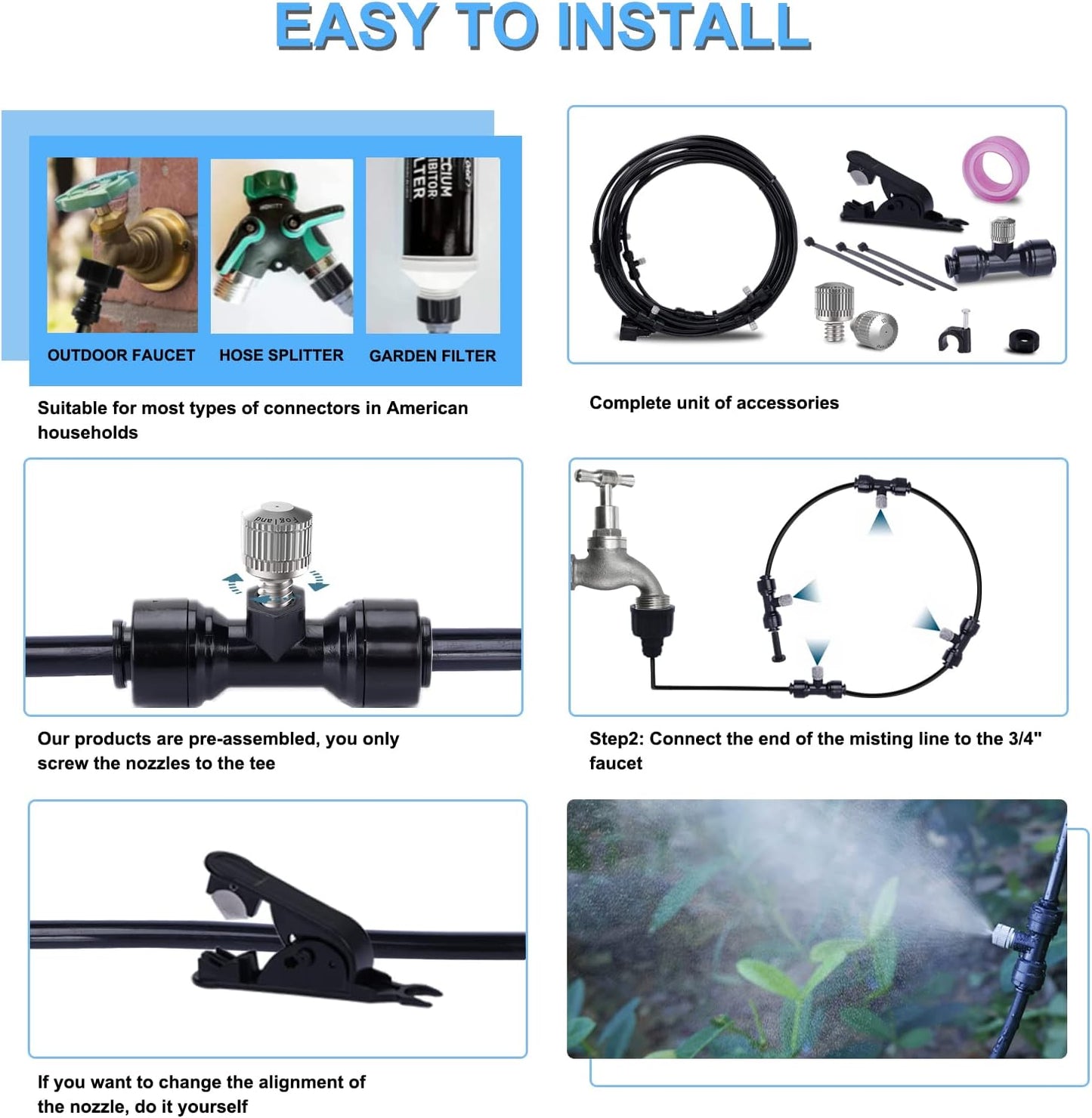 Outdoor Patio Misting System - 49ft Cooling Kit with 16 Stainless Steel Nozzles