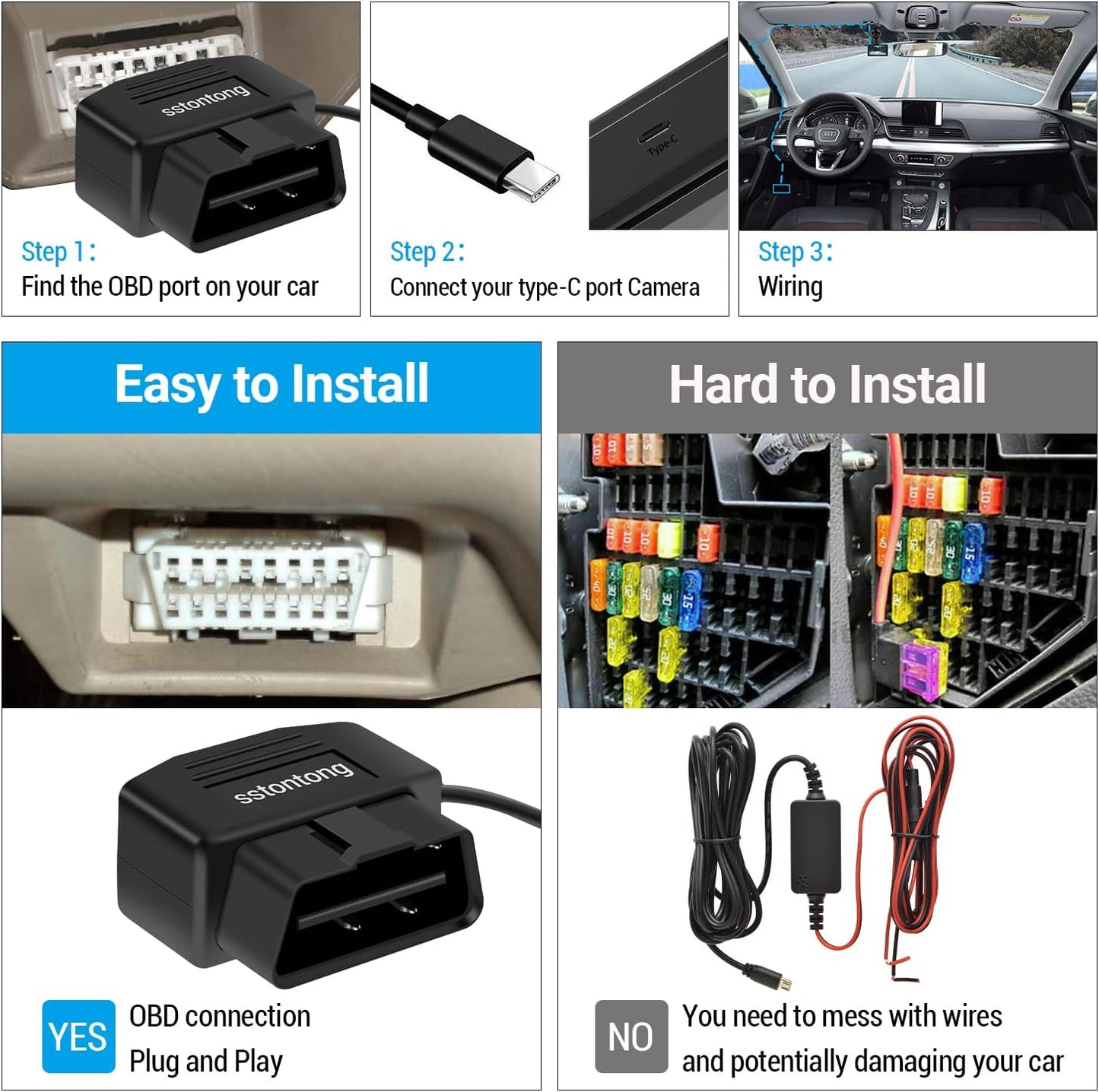 Versatile OBD2 to Type-C USB Power Cable for Dash Cams - 160W, Dual Mode, Low Voltage Protection