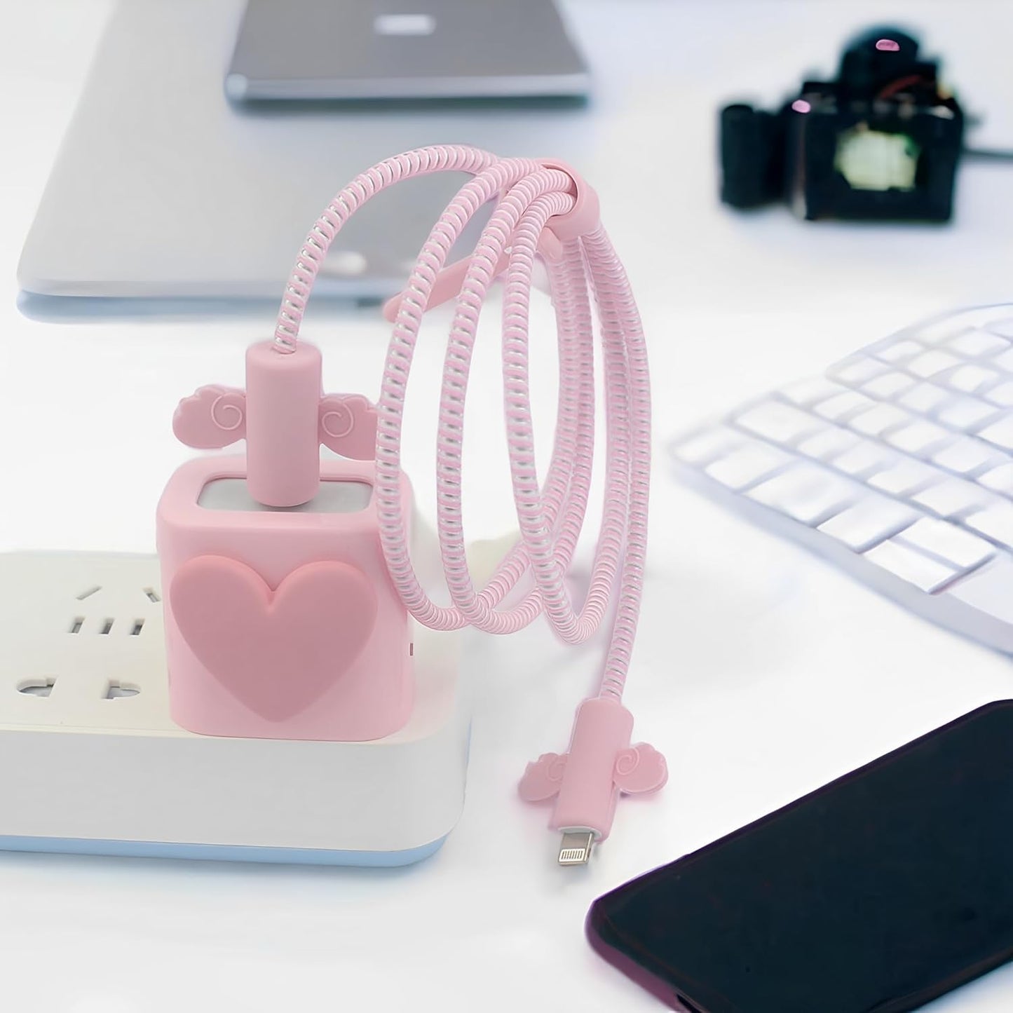 Pink Heart Silicone Charger Protector Set for iPhone – Style Meets Function