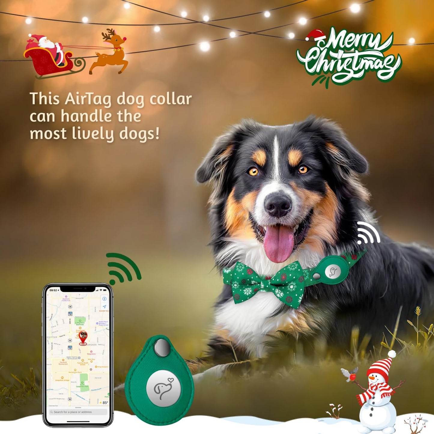 Size Large Green Snow AirTag Dog Collar - Fashionable, Adjustable, Soft Nylon Pet Collar with Detachable Bow Tie, GPS Holder