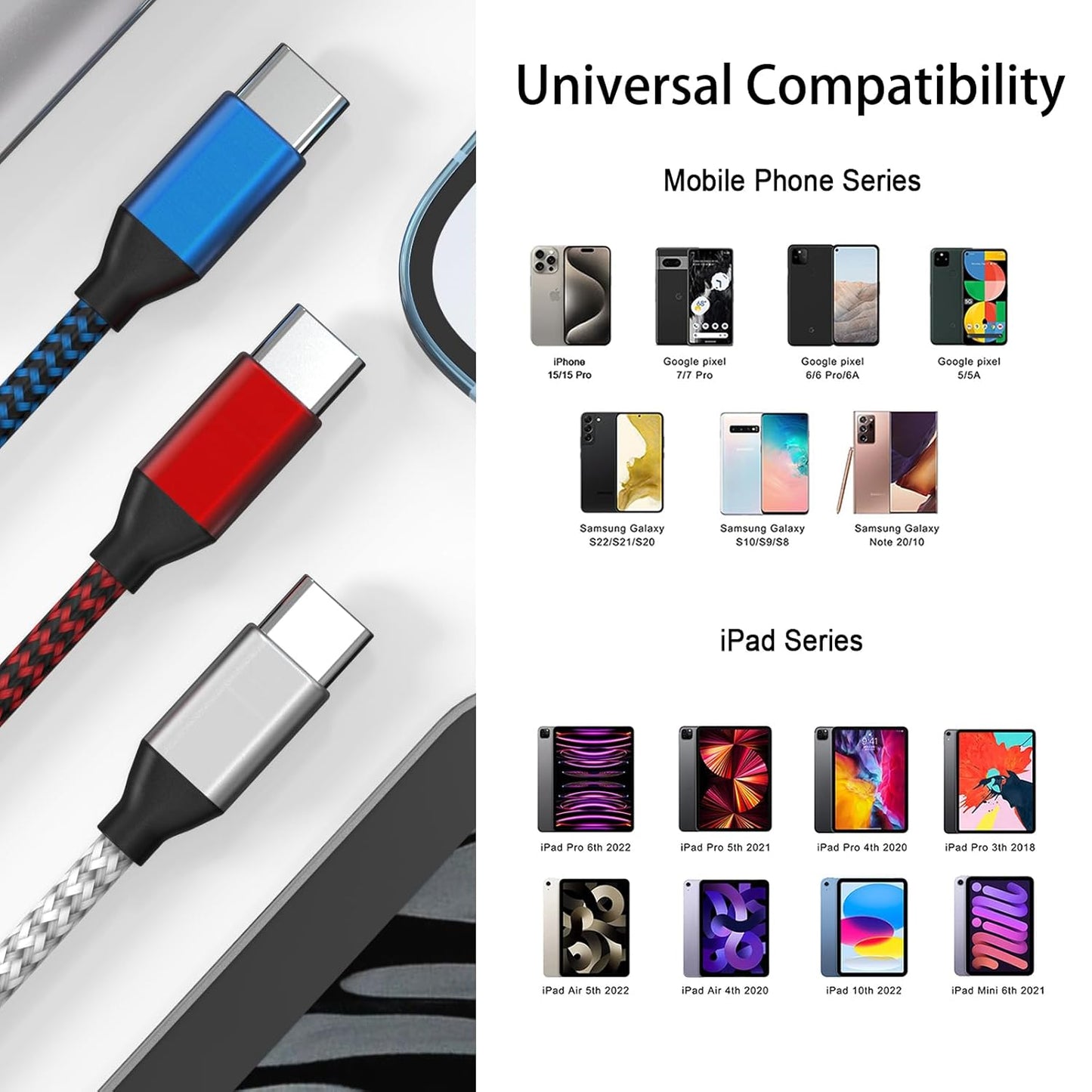 5-Pack 60W USB C to USB C Fast Charging Cables, Nylon Braided, Supports 3A Charging & 480Mb/s Sync for Apple, Samsung, MacBook & More