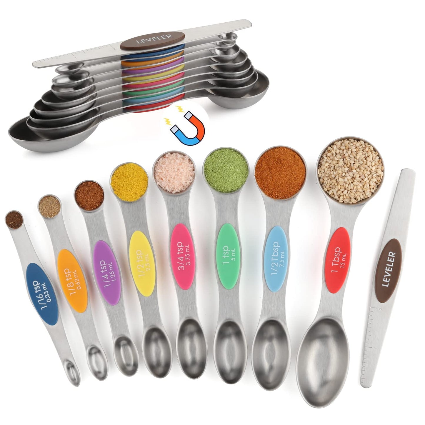 Magnetic Measuring Spoons Set of 9 - Dual Sided Stainless Steel Nesting Spoons
