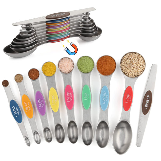 Magnetic Measuring Spoons Set of 9 - Dual Sided Stainless Steel Nesting Spoons