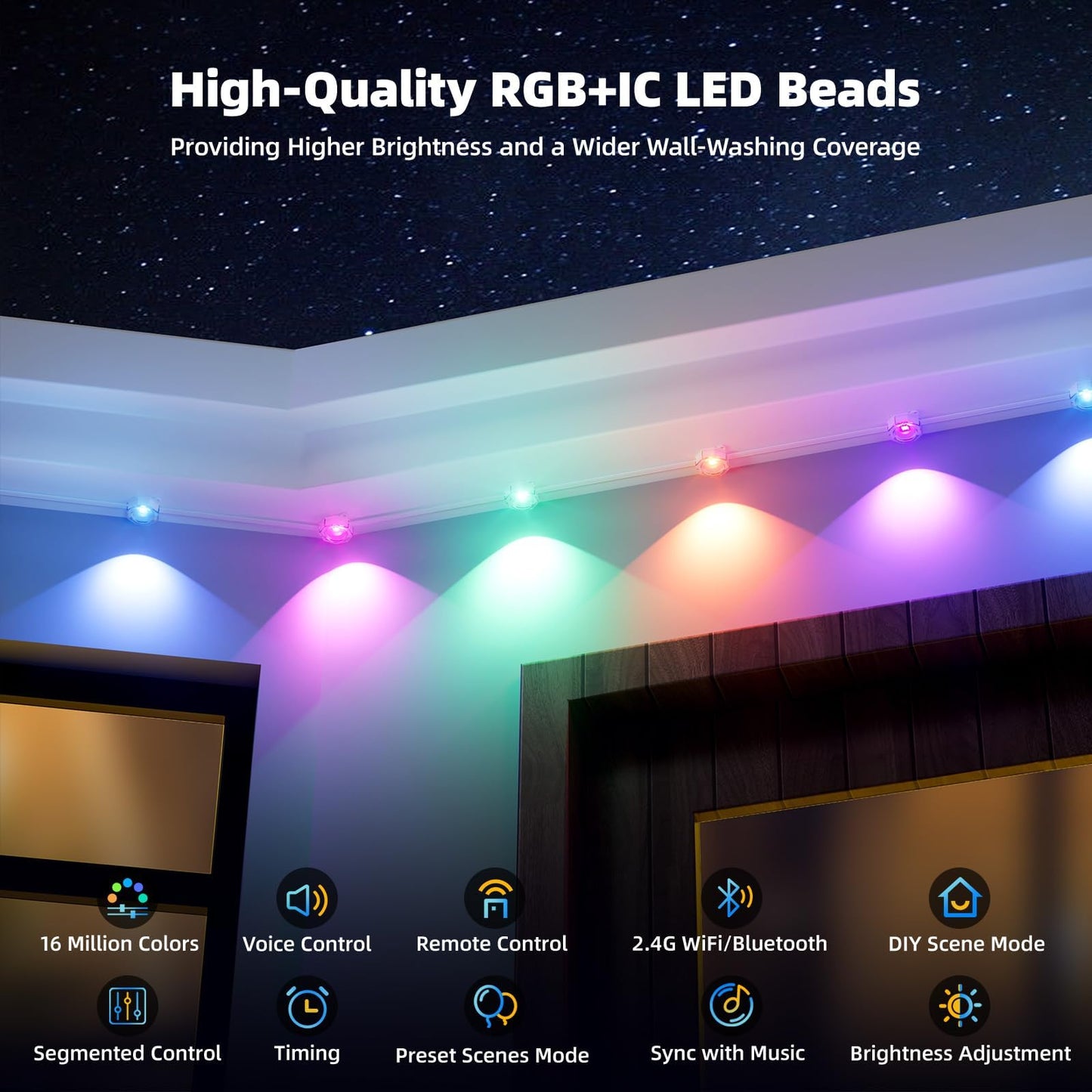 150ft Permanent Outdoor Lights with 72 RGB+IC Smart LED Eave Lighting, IP67 Waterproof, Works with Alexa and Google Assistant