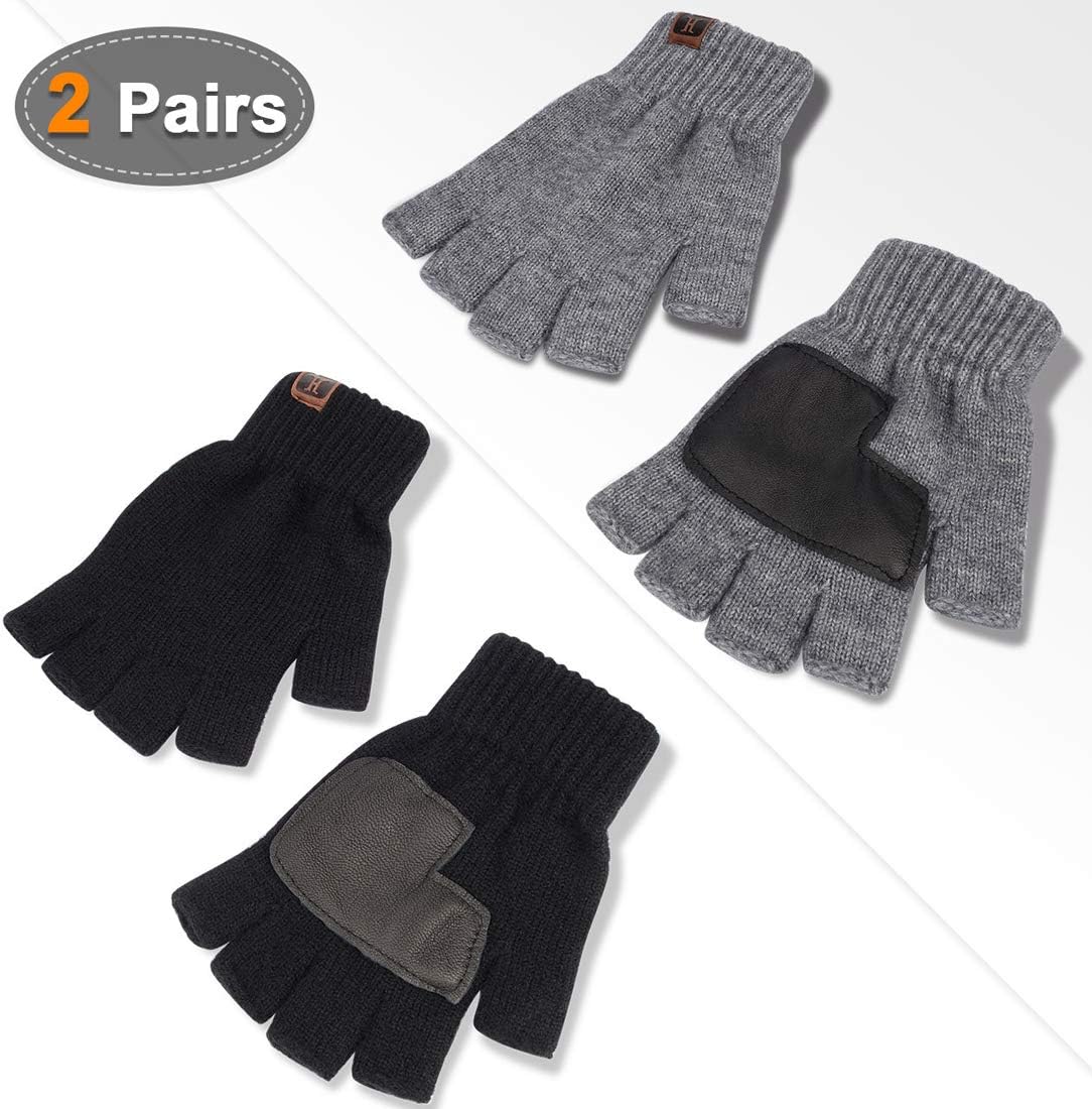 Warm Knit Fingerless Gloves for Men with Leather Grip - 2 Sets 1 Black & 1 Grey