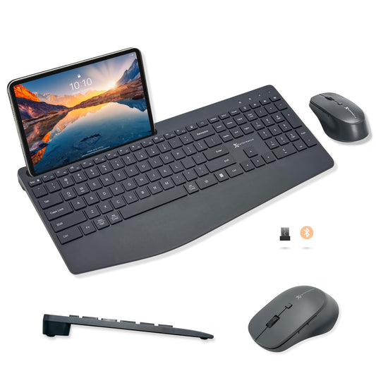 X9 Wireless Keyboard and Mouse Combo - Bluetooth & 2.4GHz Multi-Device Full Size Silent Set with Wrist Rest & Phone Holder