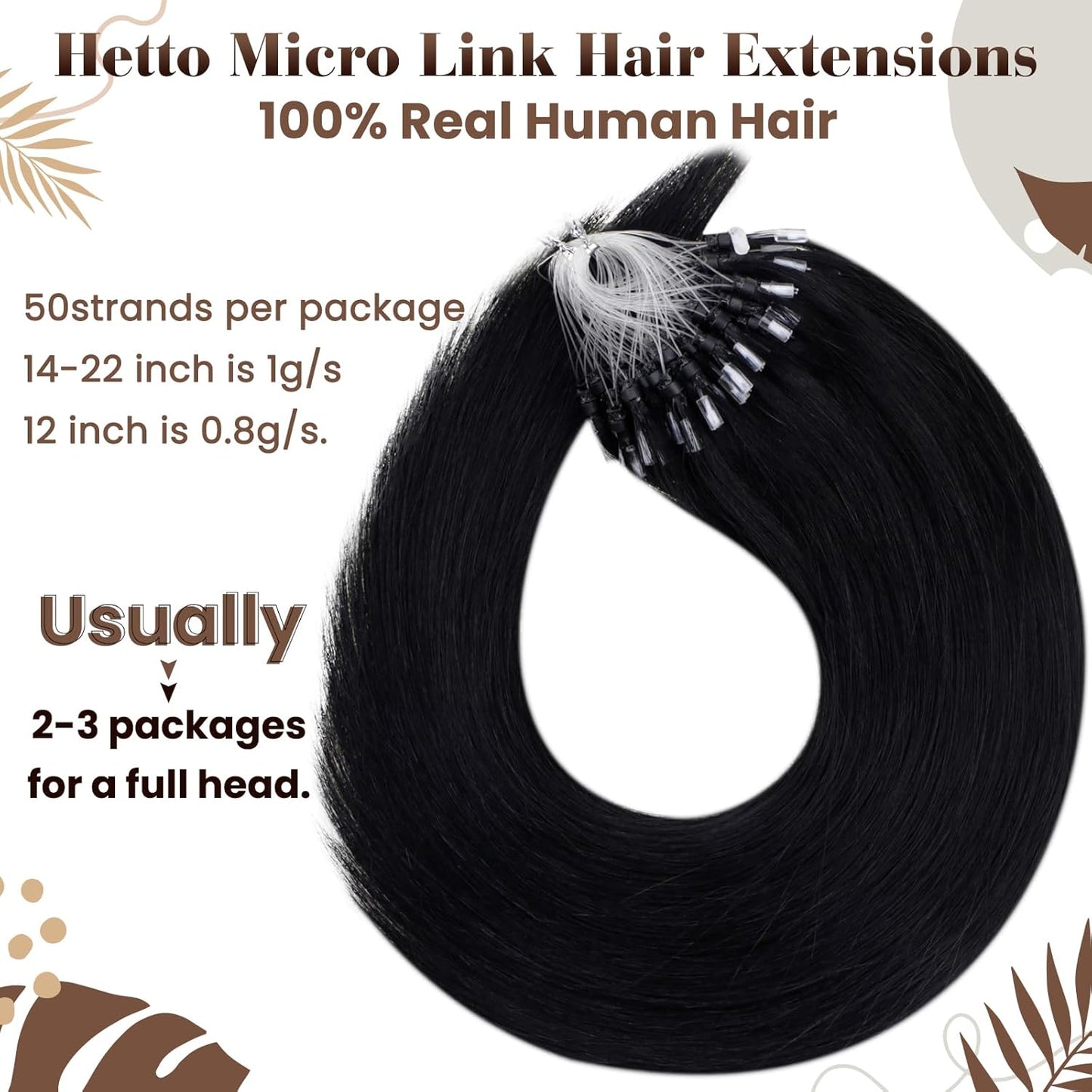 Premium 40g, 50 Strands Black Micro Link Hair Extensions, 12-inch