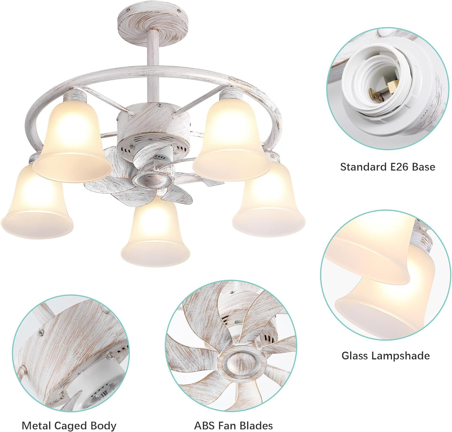 25" Matte White & Gold Ceiling Fan with Lights & Remote - Modern Farmhouse Style