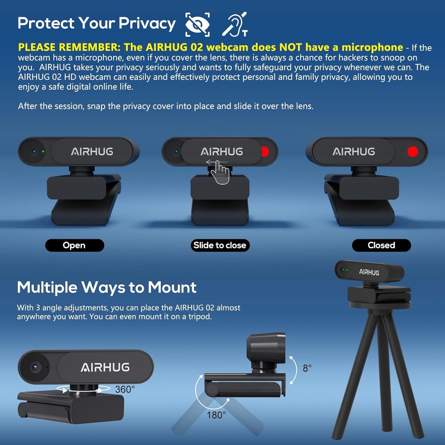 2K Webcam No Mic with Privacy Cover - USB, 78° Wide-Angle for Streaming & Conferencing