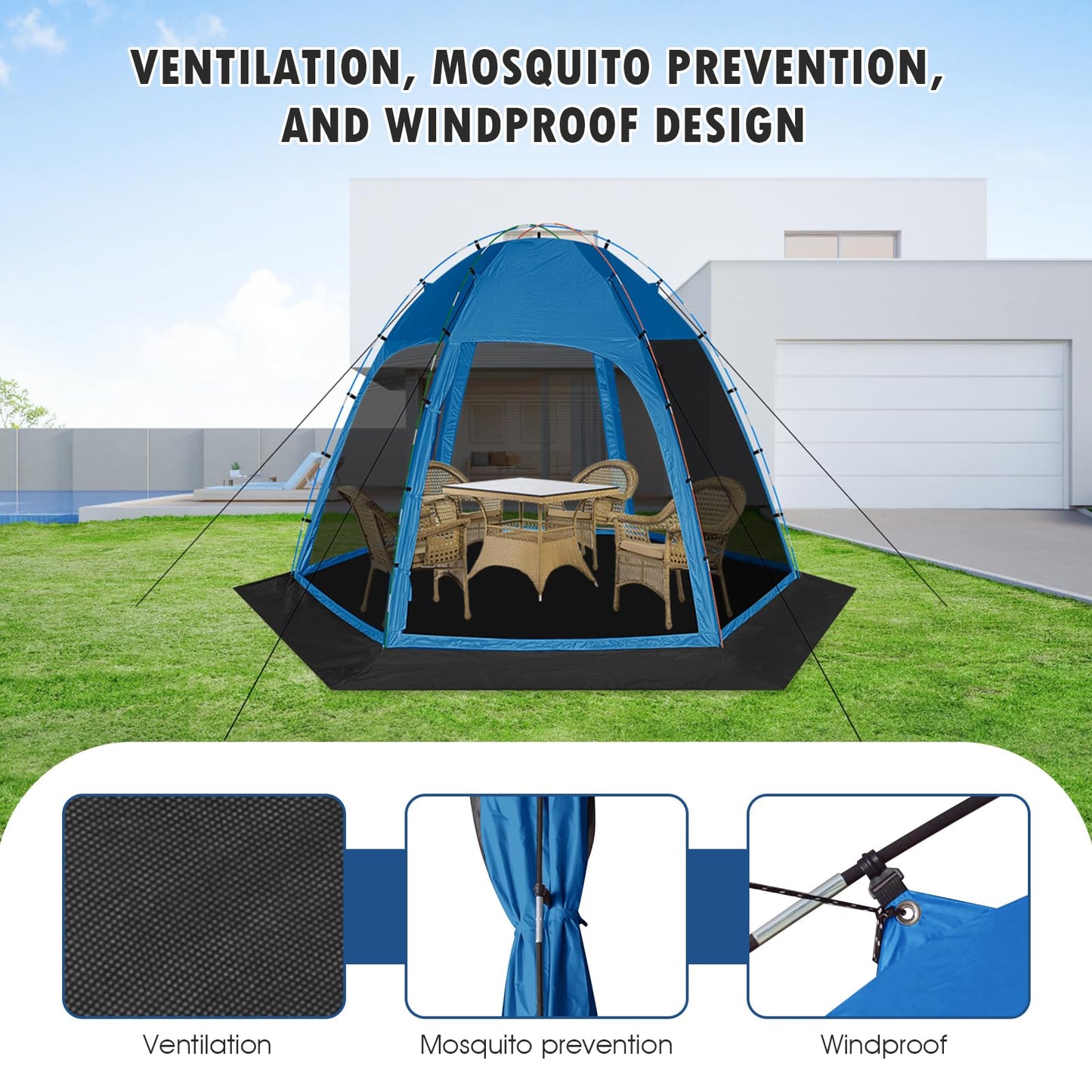Six-Sided Screen Tent with Removable Floor, 11.8ft x 11.8ft Outdoor Gazebo Canopy with Mosquito Netting, Blue