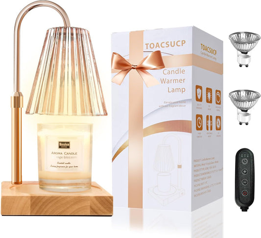 Candle Warmer Lamp with Timer, Adjustable Height & Brightness, Natural Wood Base