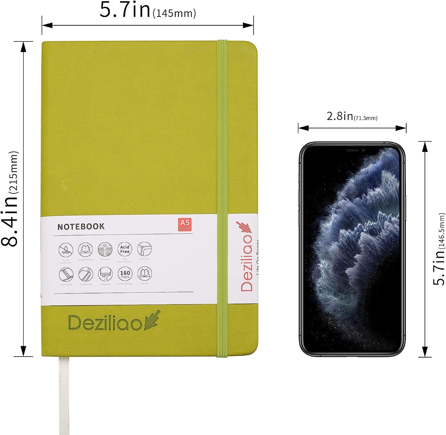 5.7"x8.4" Green 160 Page Ruled Hardcover Notebook/Journal w/ 100 GSM Paper
