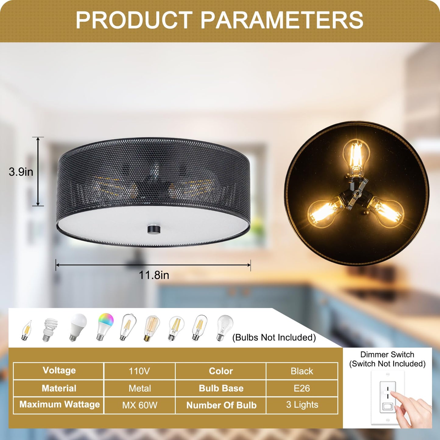 3-Light Industrial Flush Mount Ceiling Light, 12 in Metal Mesh Cage Drum Ceiling Lamp, Black E26 Dimmable Fixture for Kitchen Hallway Bedroom