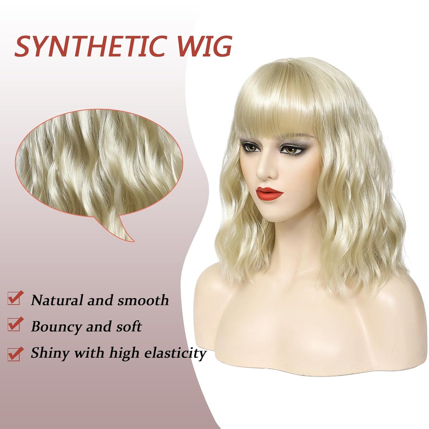 12" Blonde Wavy Shoulder-Length Wig with Bangs for Daily or Party Use