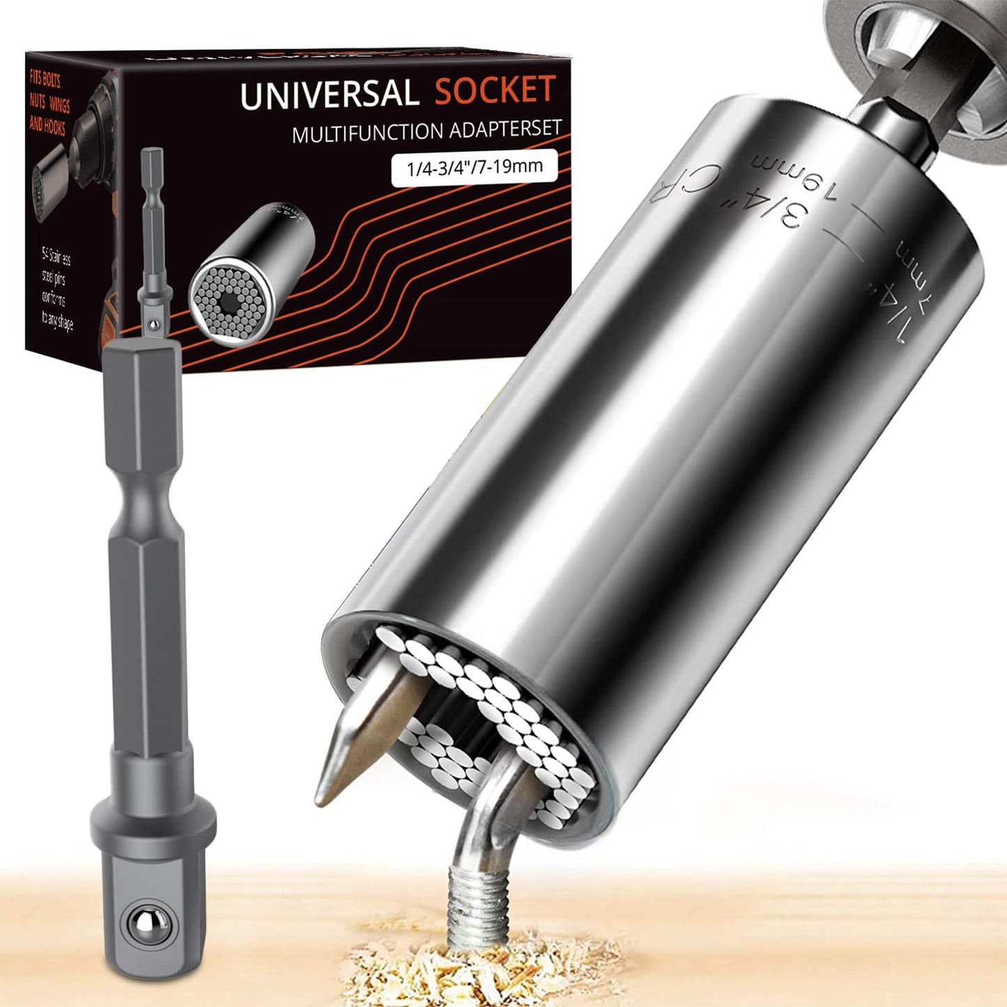 Universal Socket Tool Set, Self-Adjusting 7mm-19mm & 1/4 in-3/4 in, Includes Power Drill Adapter, 2-Piece Multi-Function Nut Driver for Fasteners