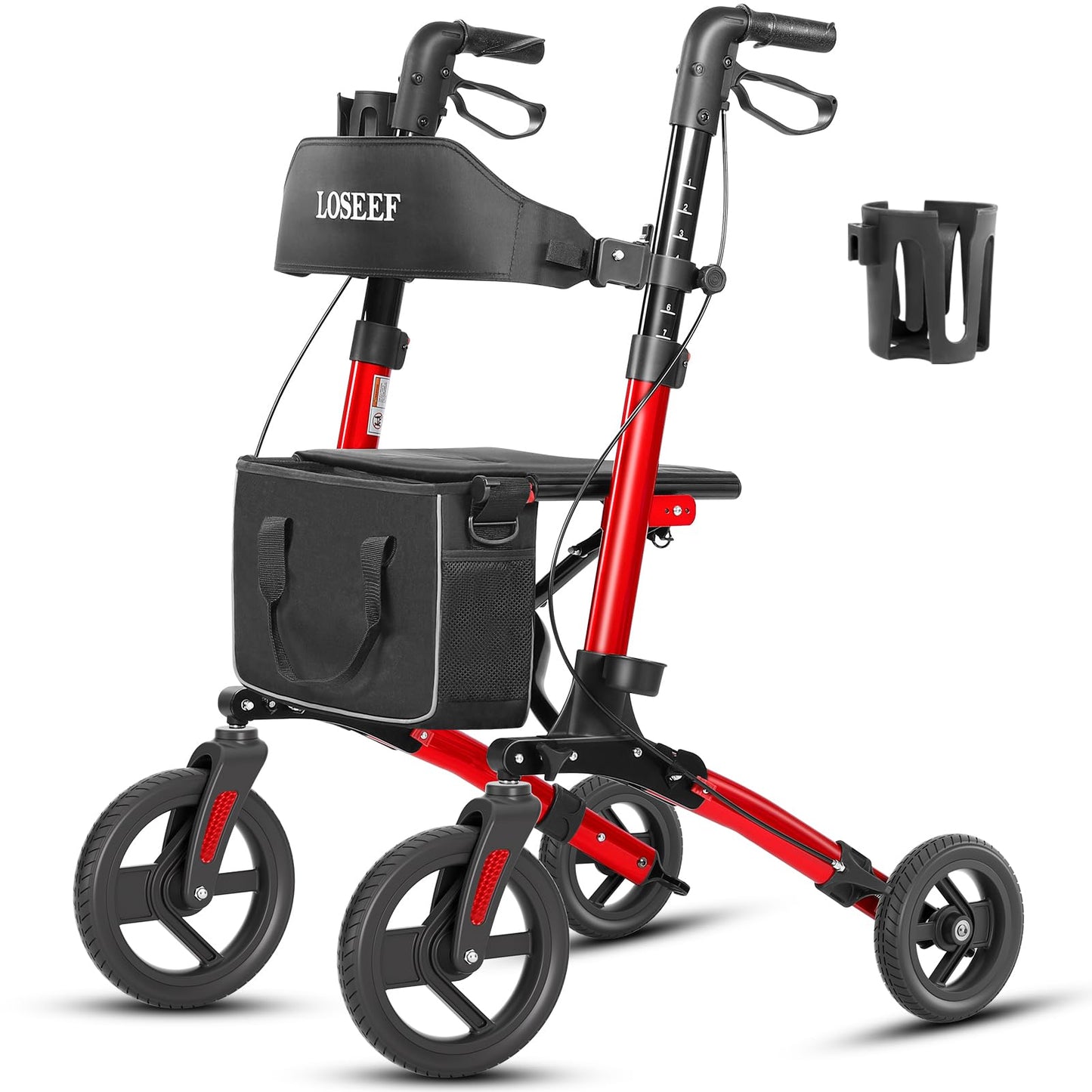 Portable Folding Walker with Mesh Seat, 350lb Capacity, 10-Inch Wheels - Red