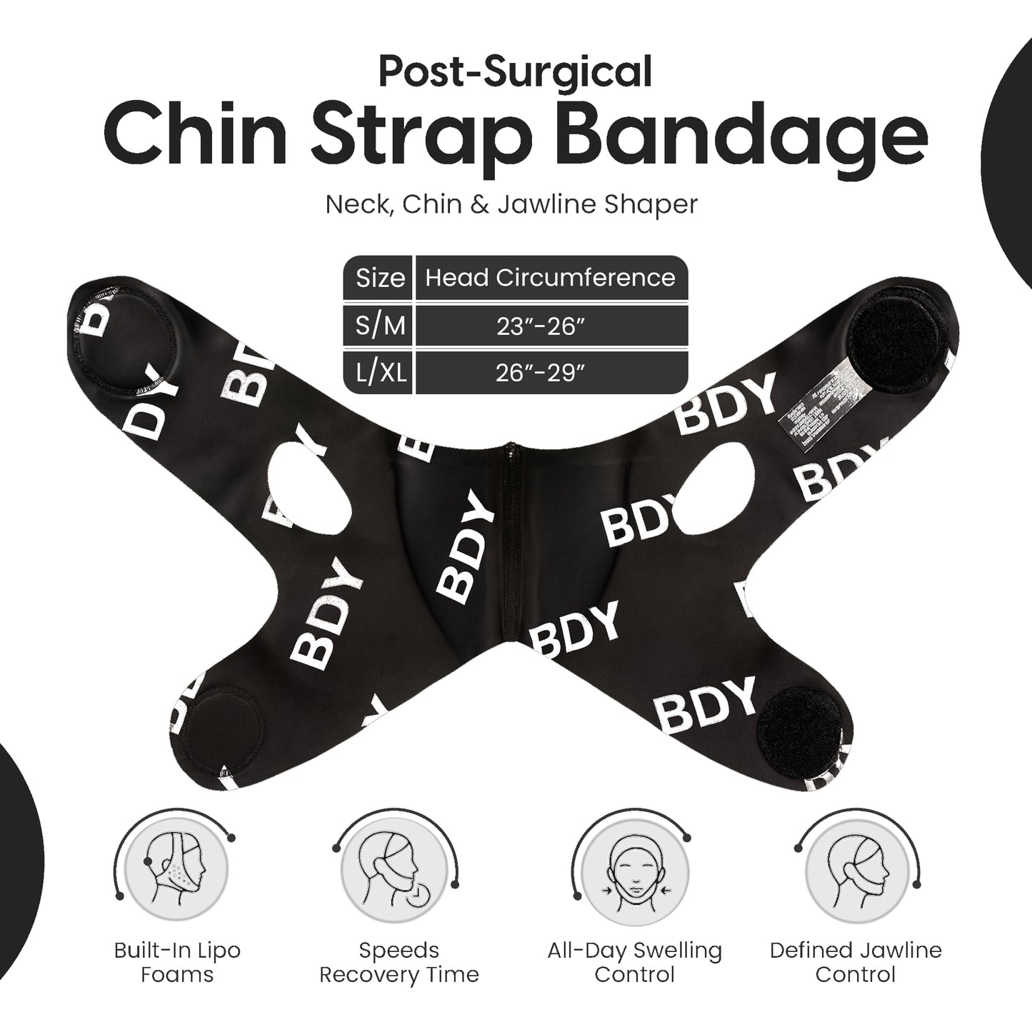 Black Post Surgical Chin Strap Compression Bandage for Neck and Chin, L/XL