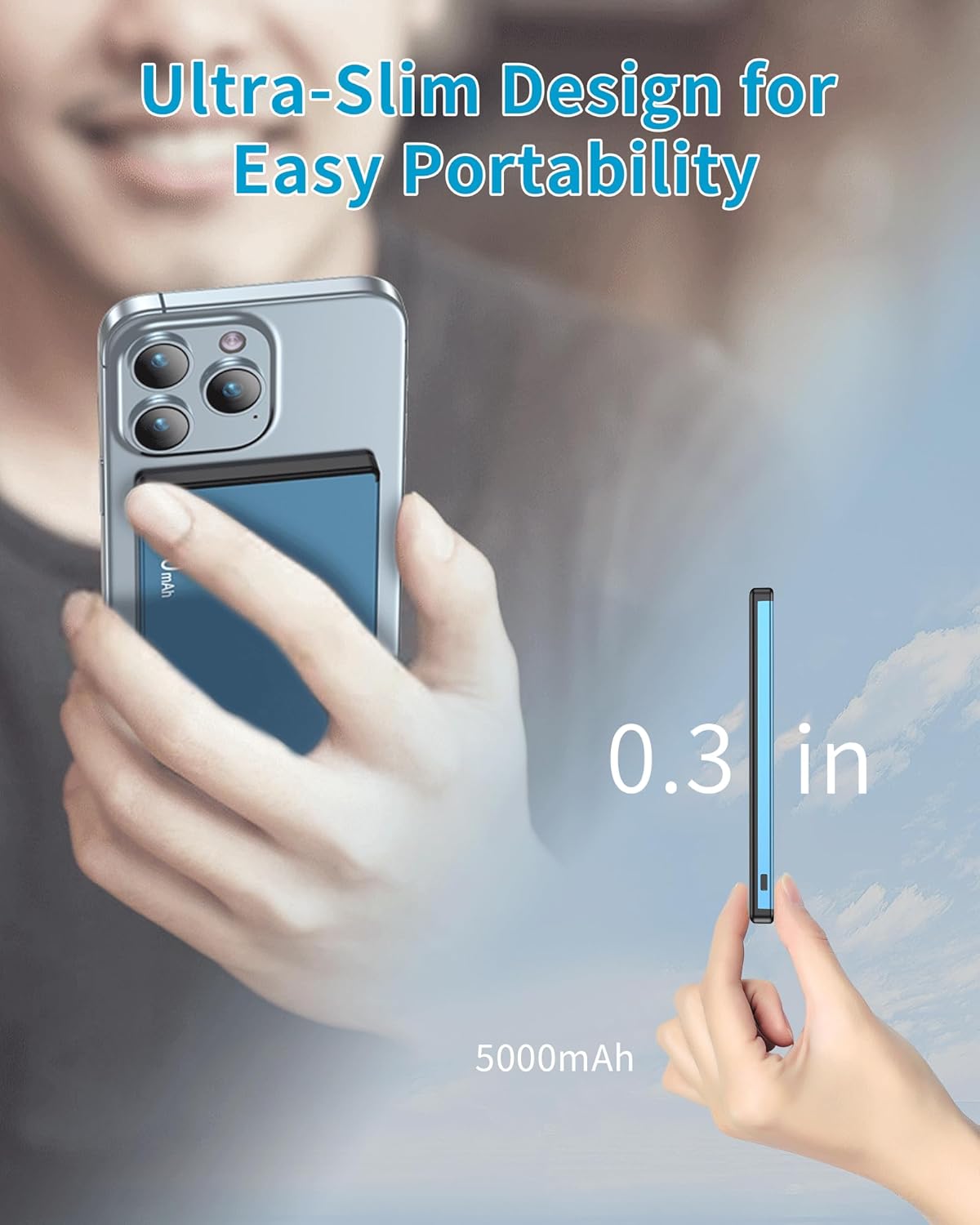 Magnetic Portable Charger 5000mAh, 0.29in Slim, 20W PD USB-C Two-Way, 7.5W/15W Wireless, Model AKD-YD52, Compatible with Phone 17/16/15/14/13 Series (Blue)