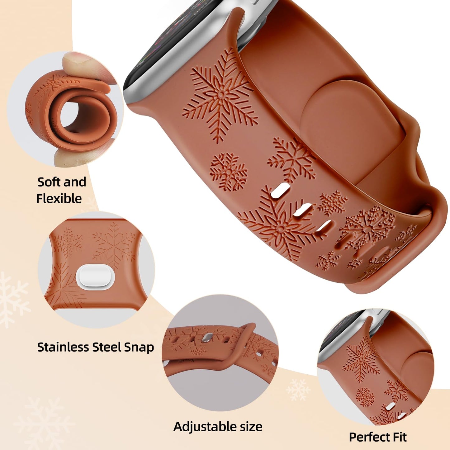 3-Pack Elegant Snowflake Engraved Sport Bands for Apple Watch Series Ultra to Series 1, 38mm/40mm/41mm - Perfect Gift for Holidays