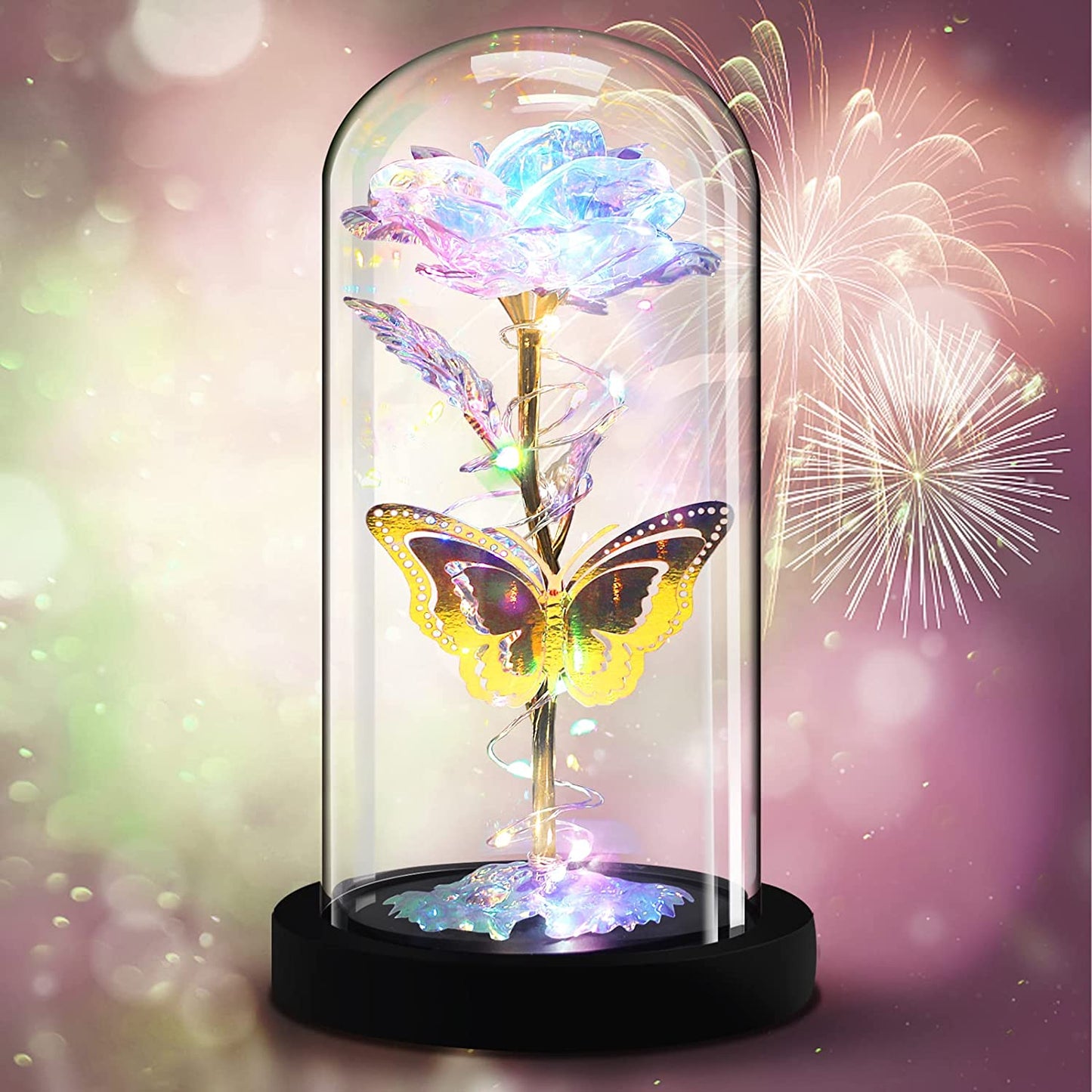 7.9" Decorative Glass Covered Light-Up Eternal Glass Rose w/ Gold Foil Butterfly