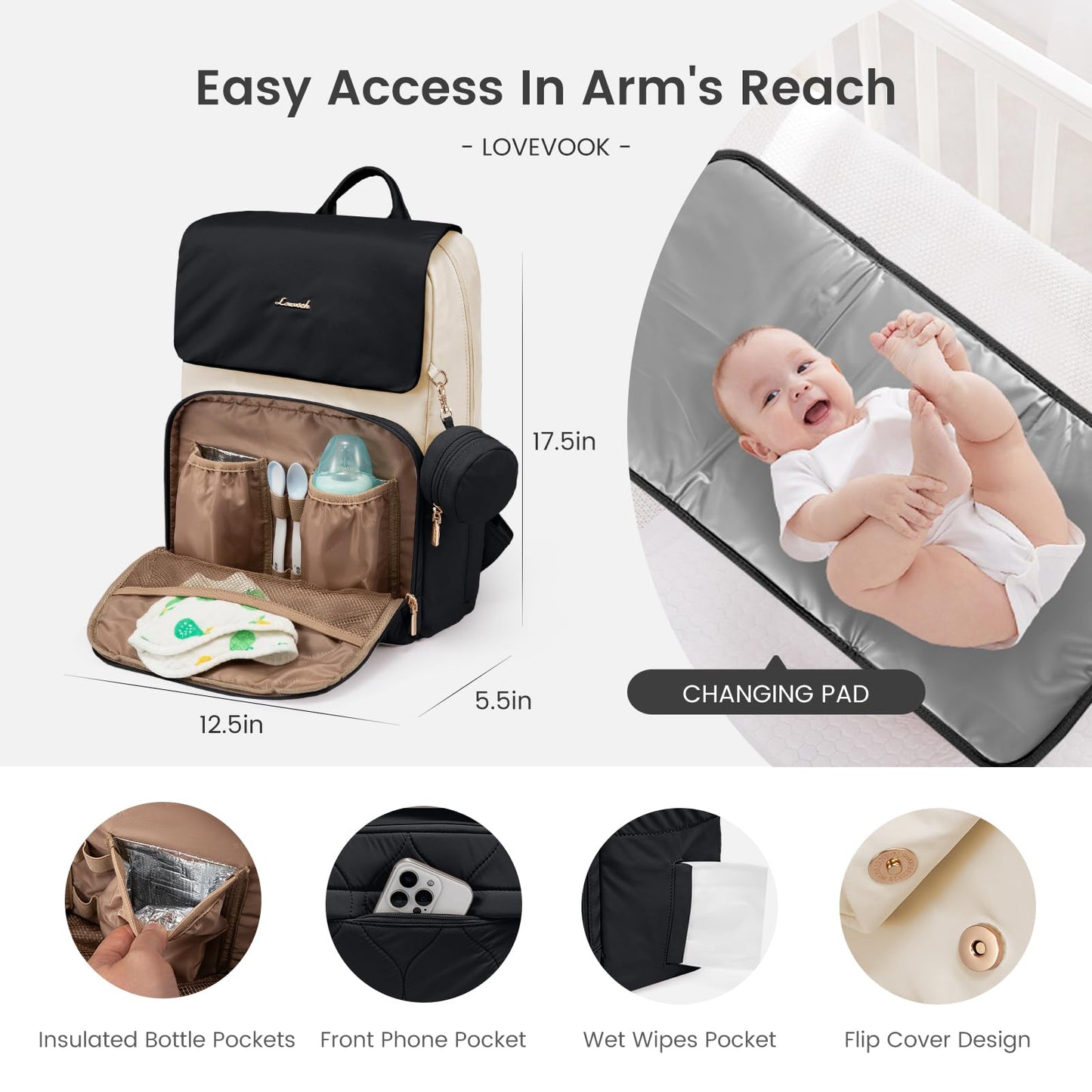 Waterproof Diaper Bag Backpack with Changing Pad and Stroller Straps - Black