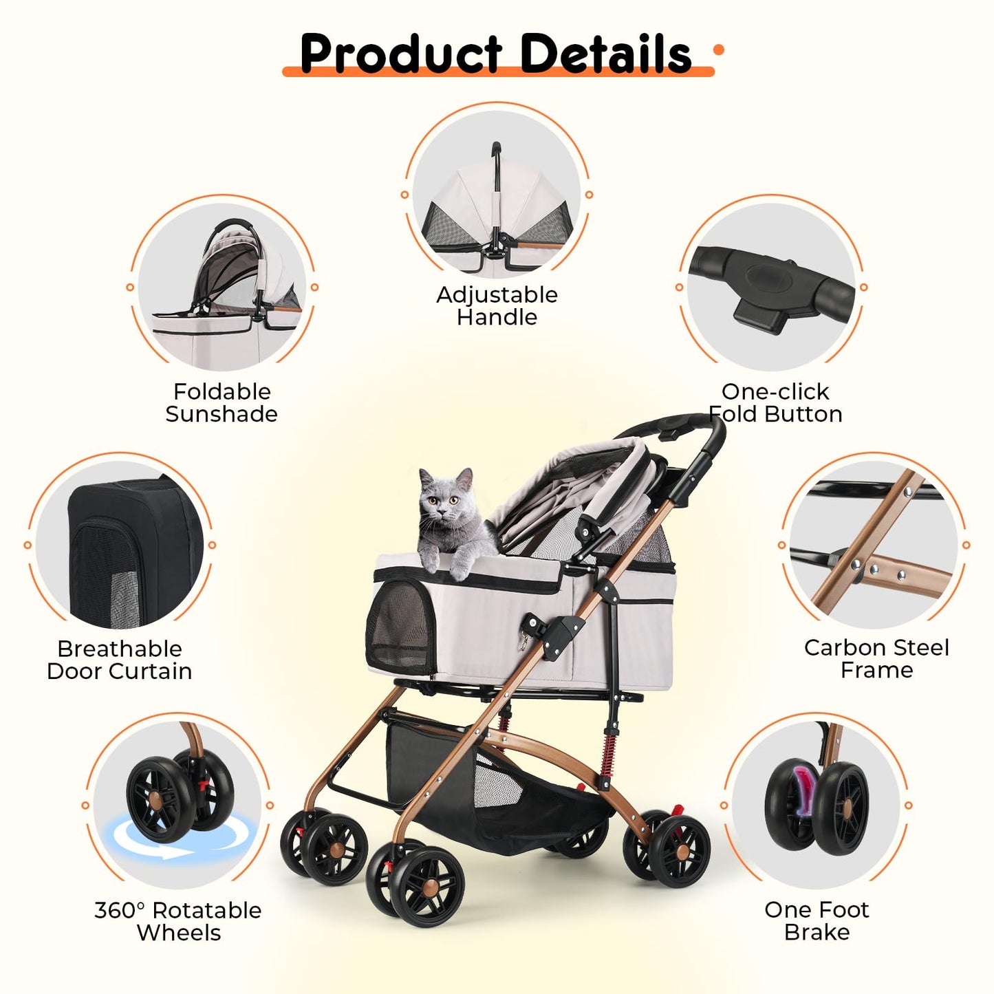 3-in-1 Foldable Pet Stroller for Medium Dogs and Cats up to 50 lbs - Detachable Carrier and Car Seat with Storage Basket - All-Terrain Jogging Stroller, Grey