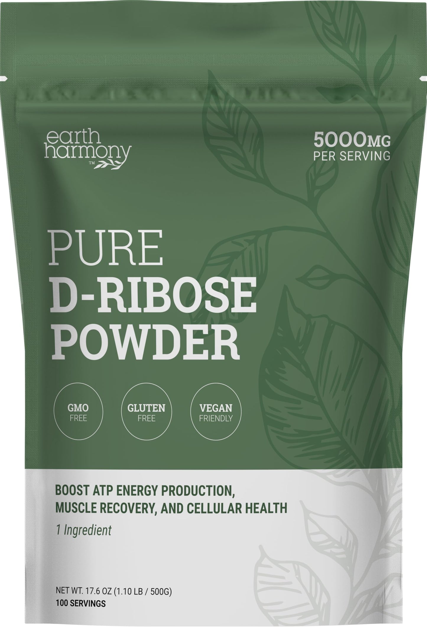 D-Ribose Powder 5000 mg (5 g) Energy Support, Post-Workout Recovery & Heart Health Support, Clean Vegan, No GMO, Sugar, Gluten or Additives, 17.6 oz (499 g)