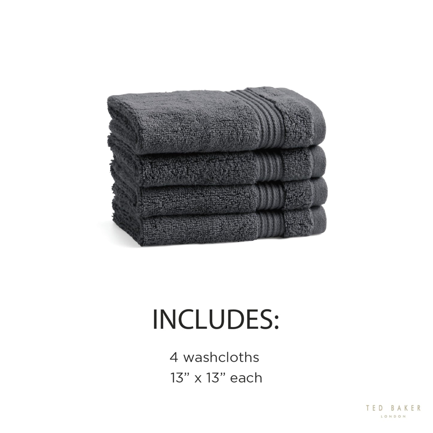 Ted Baker 4-Pack Cotton Washcloth Set, Dark Grey, 13″ x 13″, 550 GSM