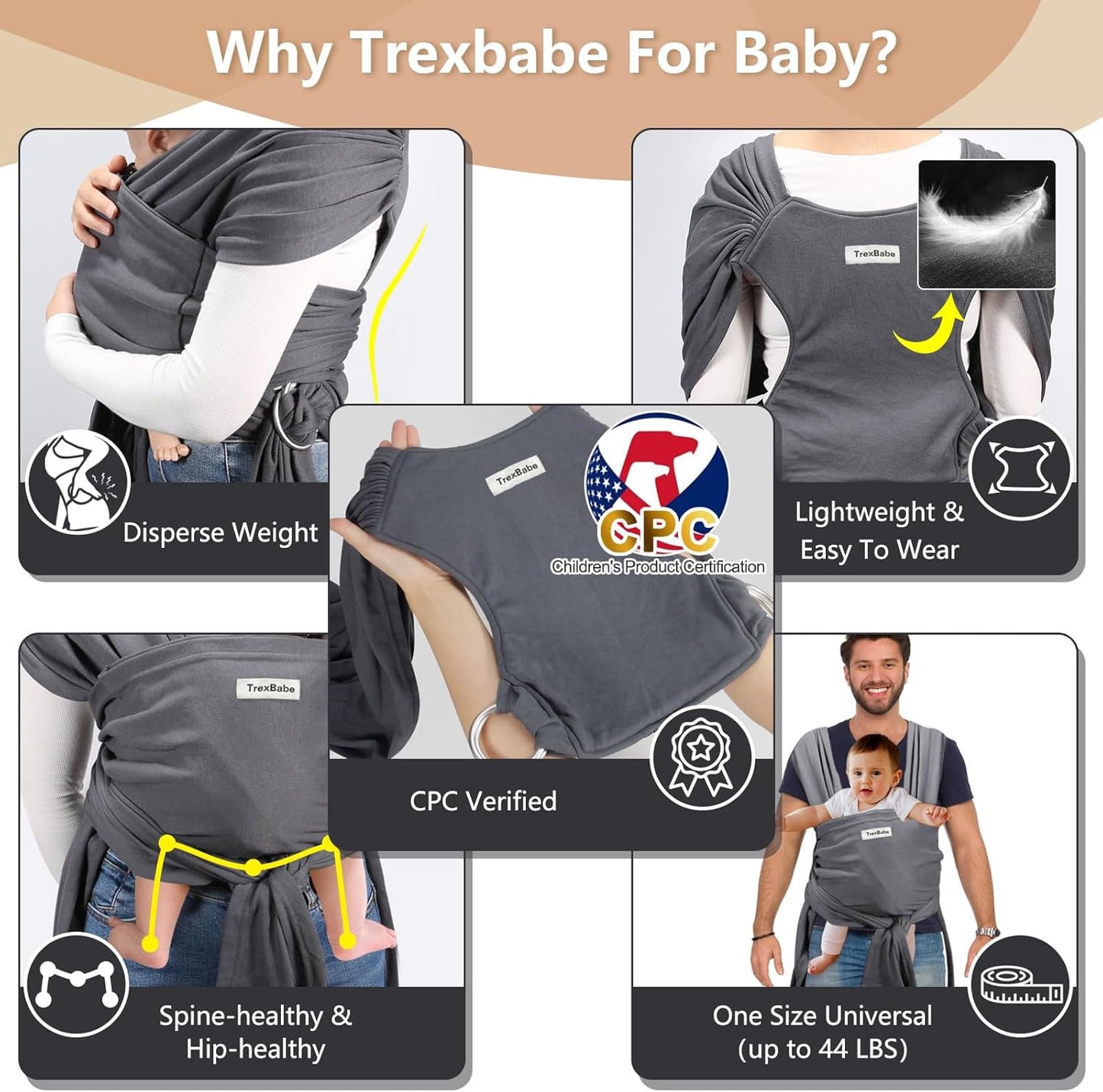 Adjustable Hands-Free Sling Carrier for 8-44lbs - Pediatrician Recommended, Gray