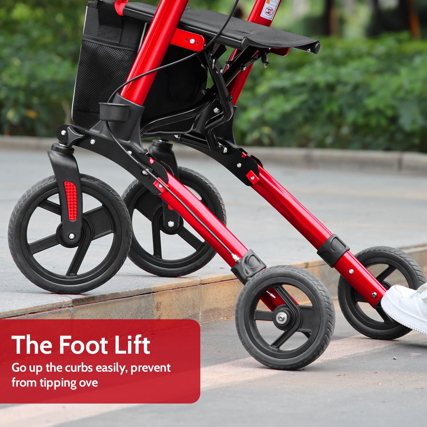 Portable Folding Walker with Mesh Seat, 350lb Capacity, 10-Inch Wheels - Red
