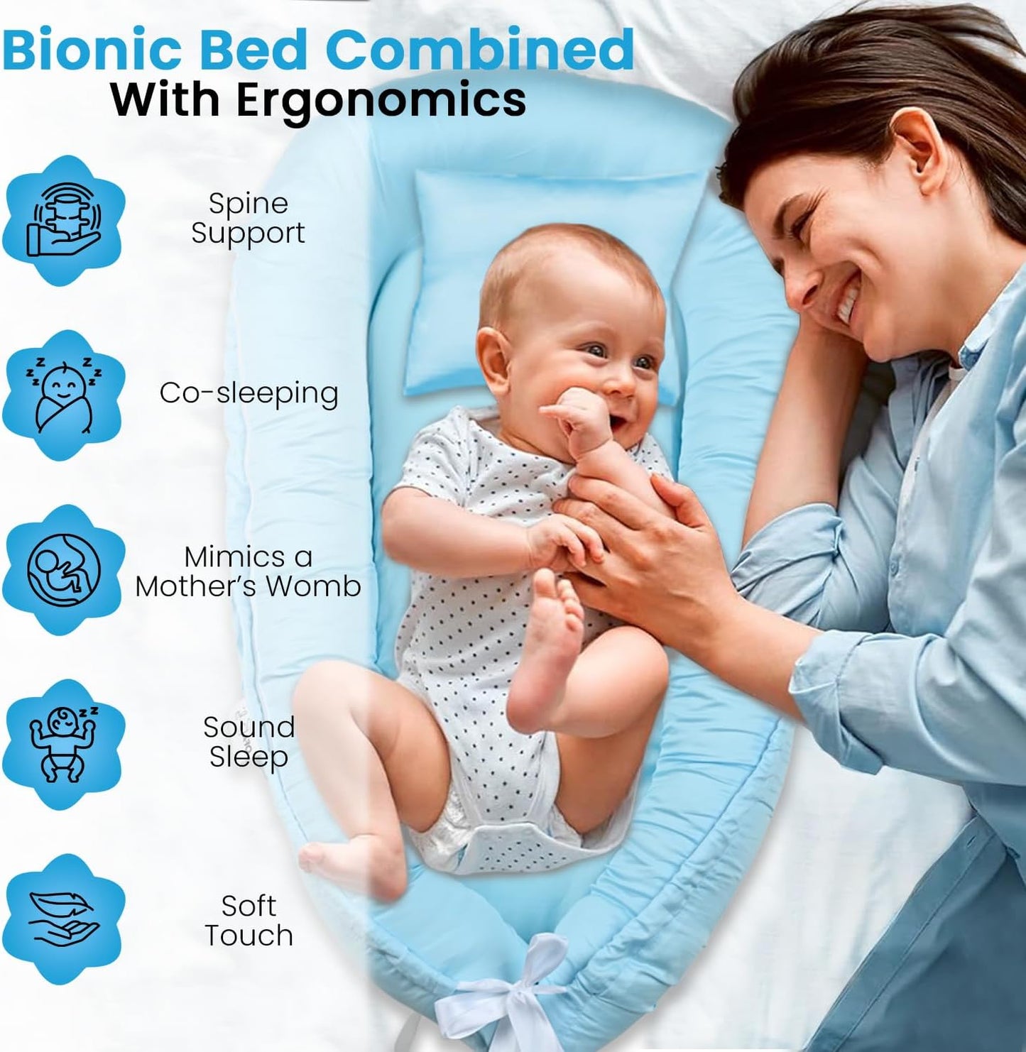 Baby Lounger Nest Pillow for 0-24 Months, Portable Foldable Baby Lounger with Soft Foam Mat, Removable Washable Cover, Blue
