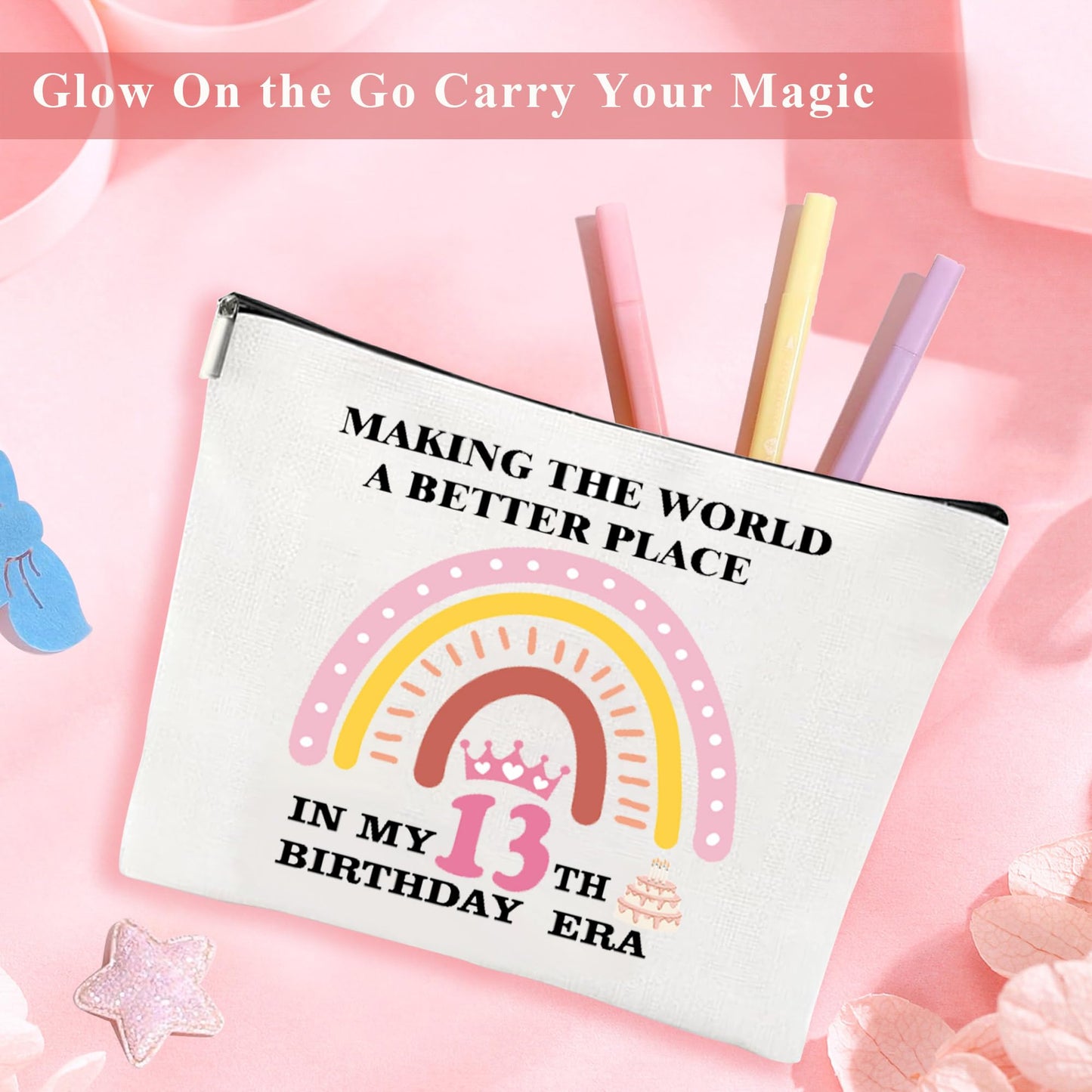 13th Birthday Gift Box for Girls, 11-Piece Sweet 13 Set with 16 oz Tumbler, Candle, Bath Bomb, Socks, Jewelry, Makeup Bag & Card (M, 13th)