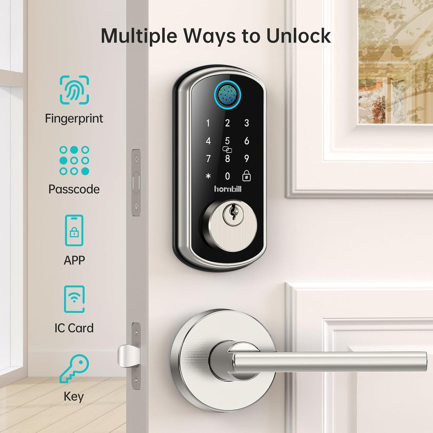 WiFi Smart Door Lock Set – Silver Keyless Entry with Fingerprint, Bluetooth, Alexa, Auto Lock, and Handle for Home & Hotel Security