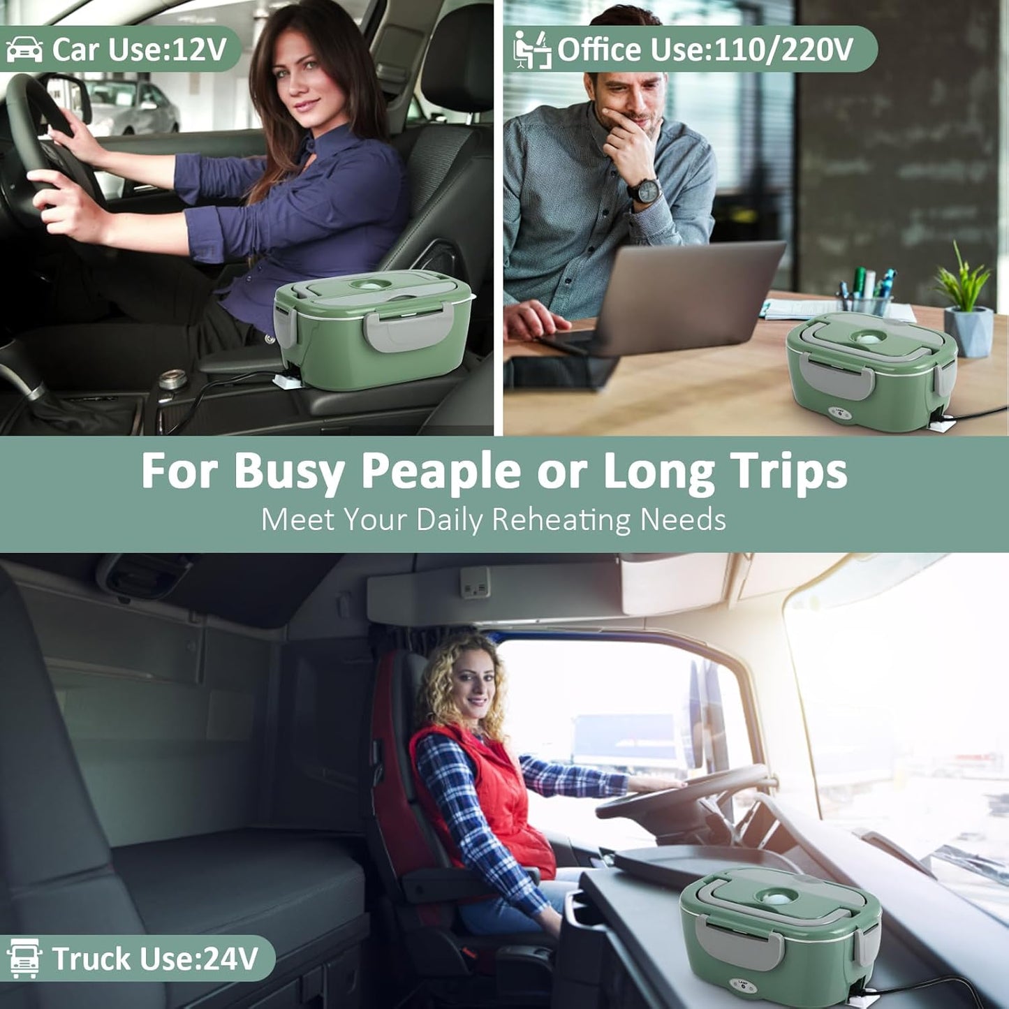 Heated Lunch Box with Fast 100W Heating, Portable for Cars, Trucks & Office - Green